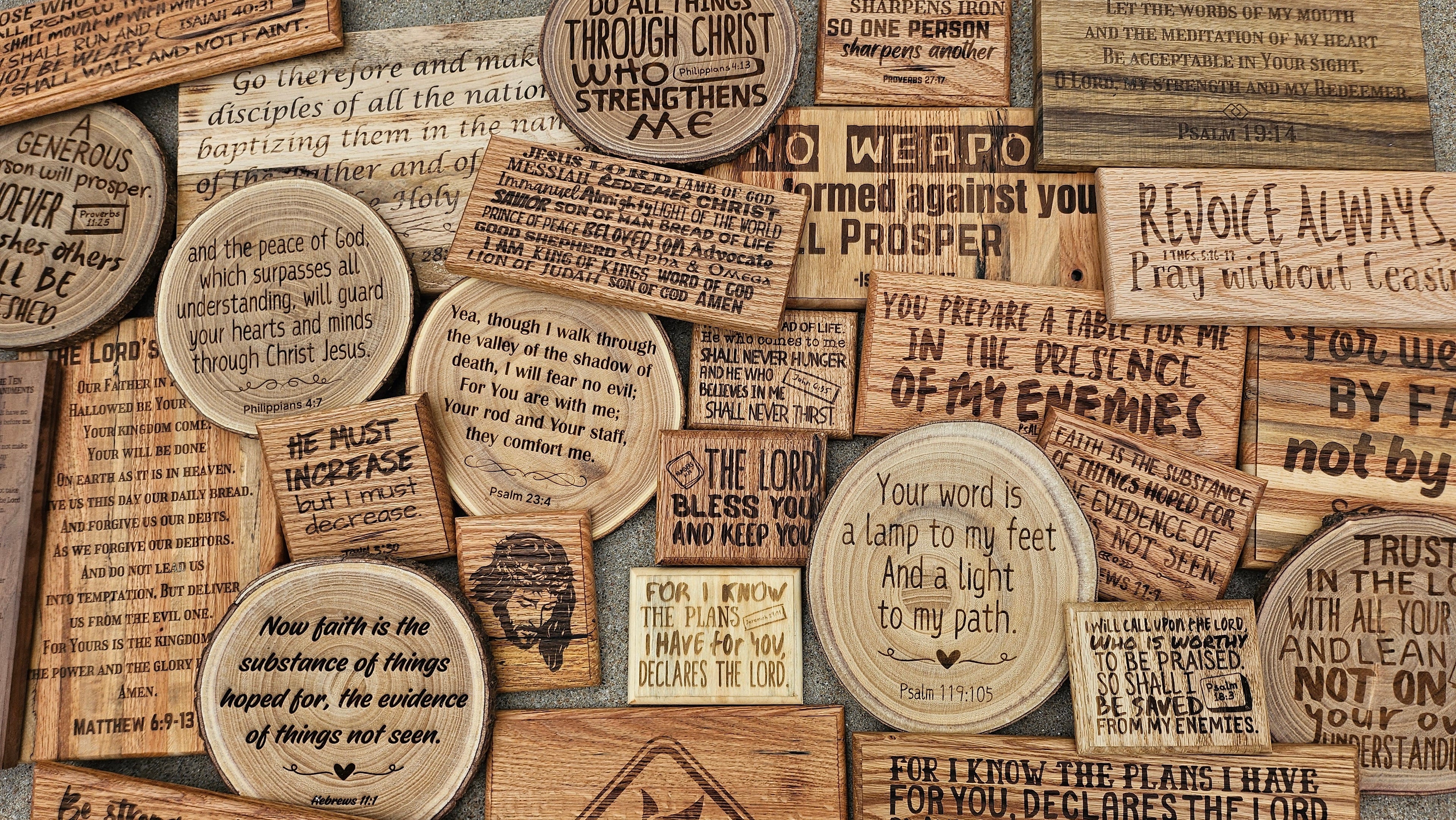 Slice of Scripture creates one-of-a-kind pieces of wooden engraved wall art featuring God's Word and other Christian messages.