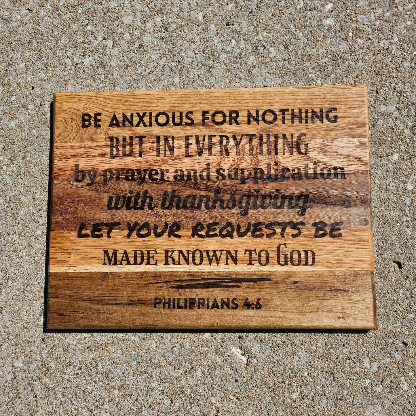 14 inch wood Slice of Scripture reclaimed pallet wood Bible verse wall art displaying Philippians 4:6 - Christian decorative art home decor