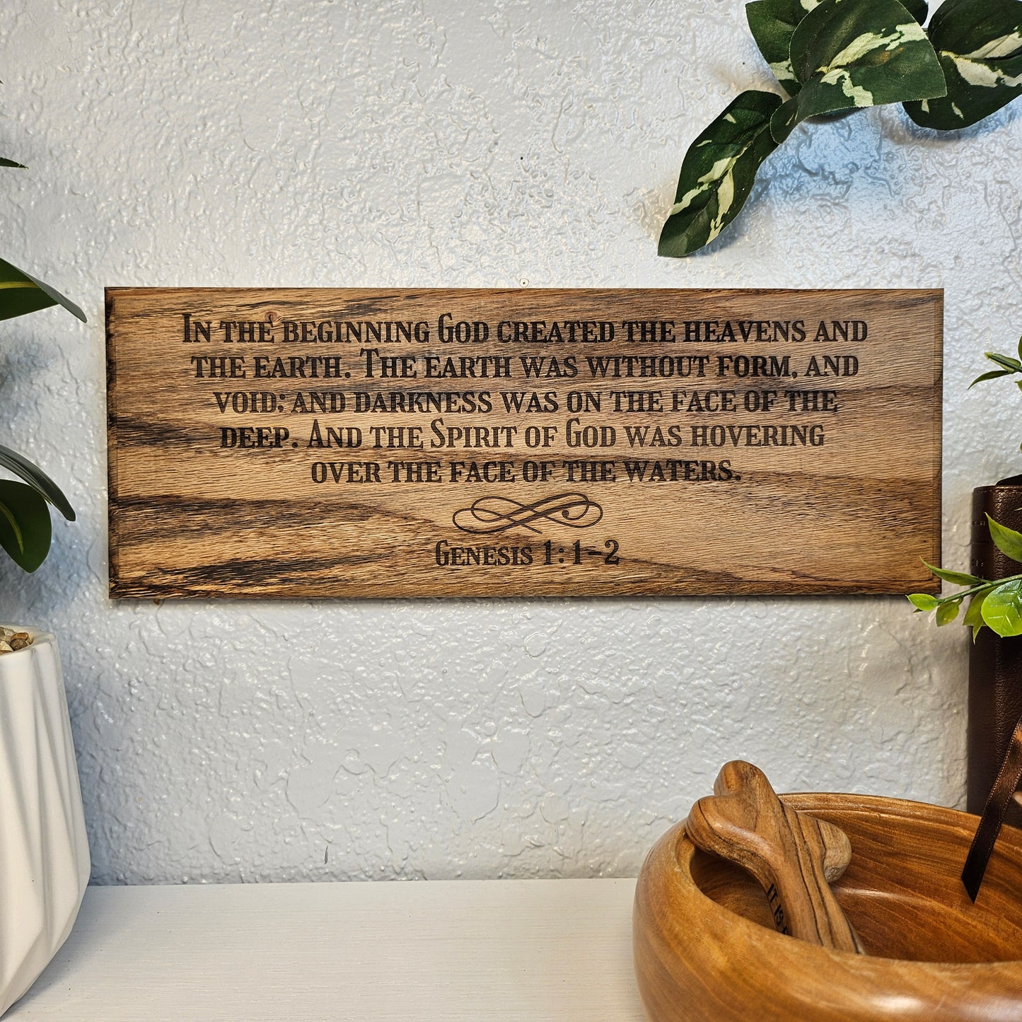 14 inch wood Slice of Scripture reclaimed pallet wood Bible verse wall art displaying Genesis 1:1-2 - Christian decorative art home decor