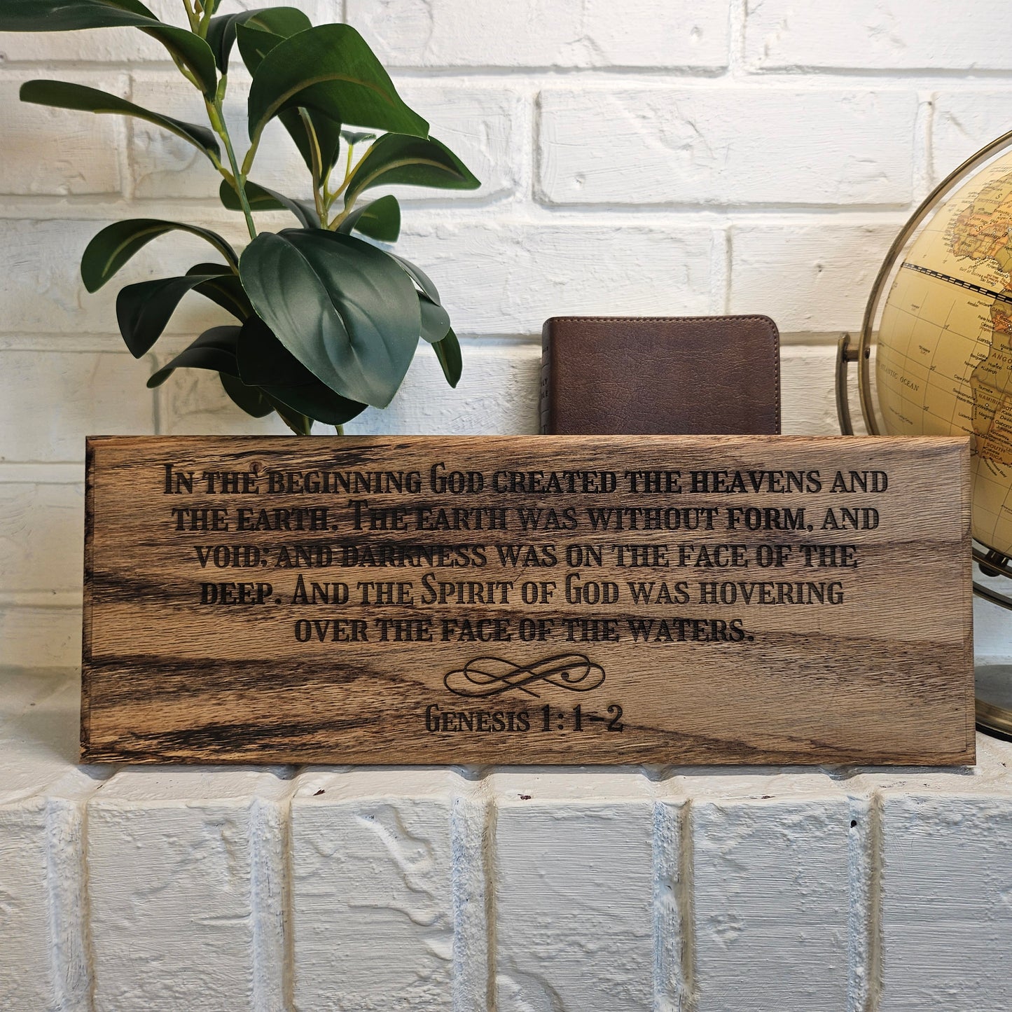 14 inch wood Slice of Scripture reclaimed pallet wood Bible verse wall art displaying Genesis 1:1-2 - Christian decorative art home decor