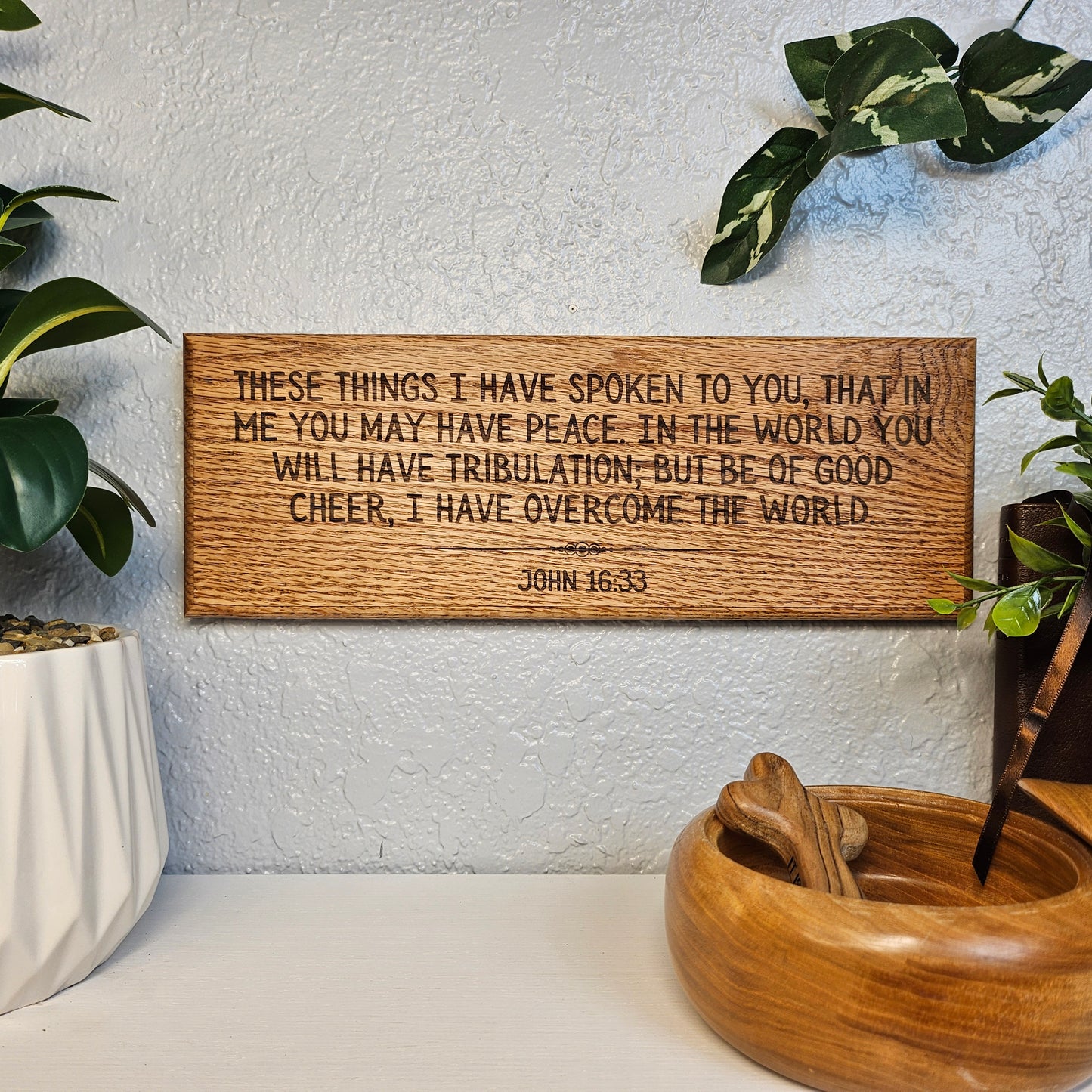 14 inch wood Slice of Scripture reclaimed pallet wood Bible verse wall art displaying John 16:33 - Christian decorative art home decor