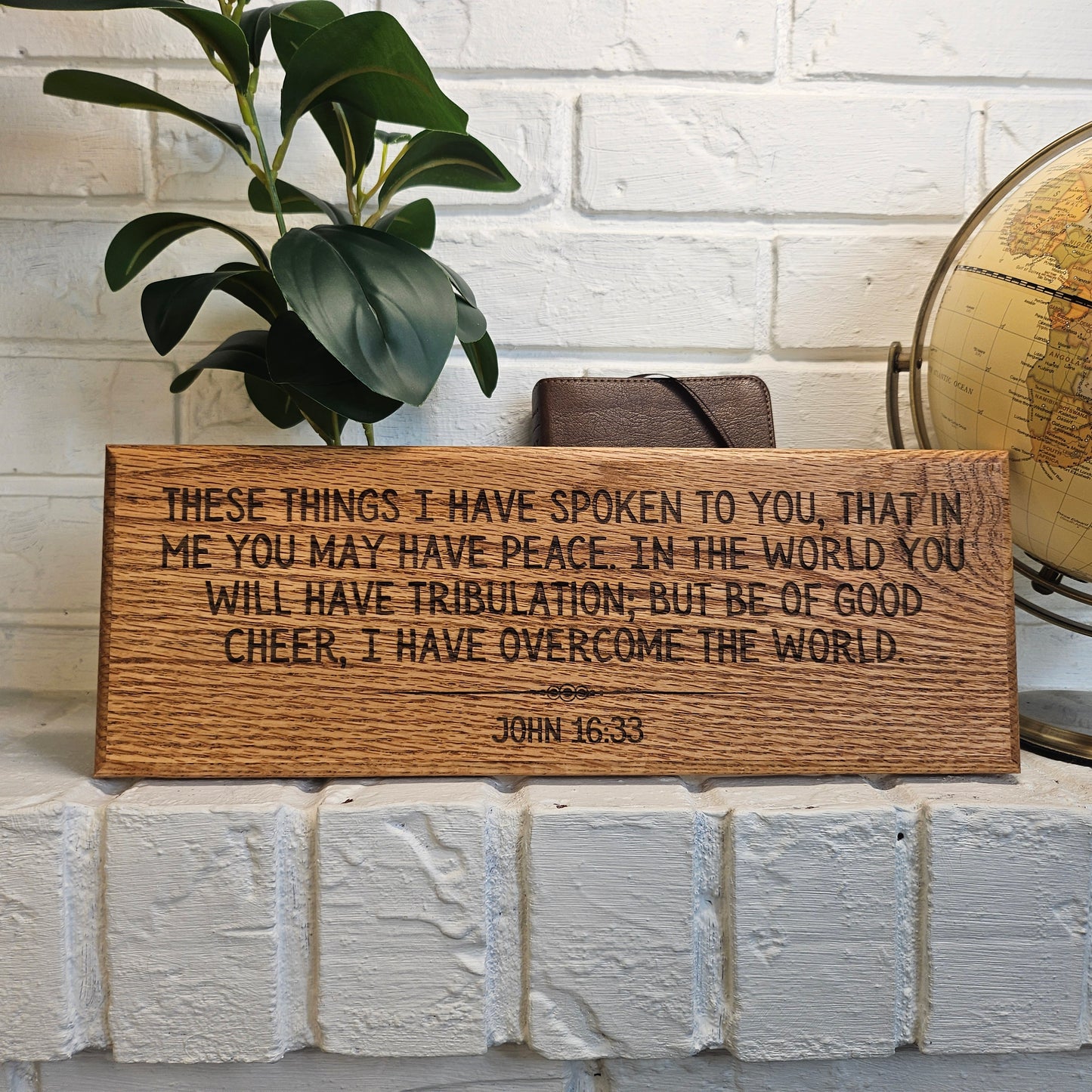 14 inch wood Slice of Scripture reclaimed pallet wood Bible verse wall art displaying John 16:33 - Christian decorative art home decor
