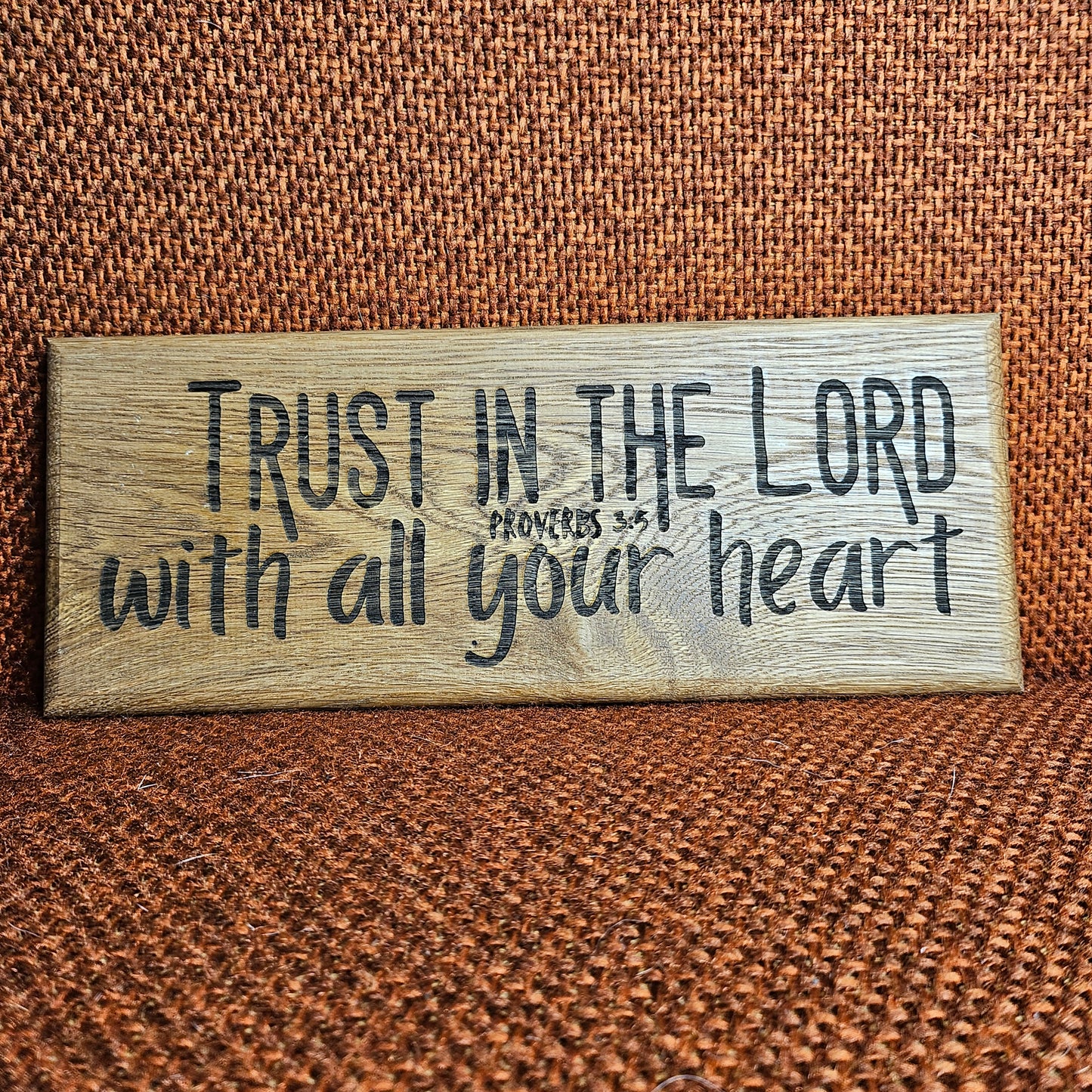 12 inch wood Slice of Scripture reclaimed pallet wood Bible verse wall art displaying Proverbs 3:5 - Christian decorative art home decor