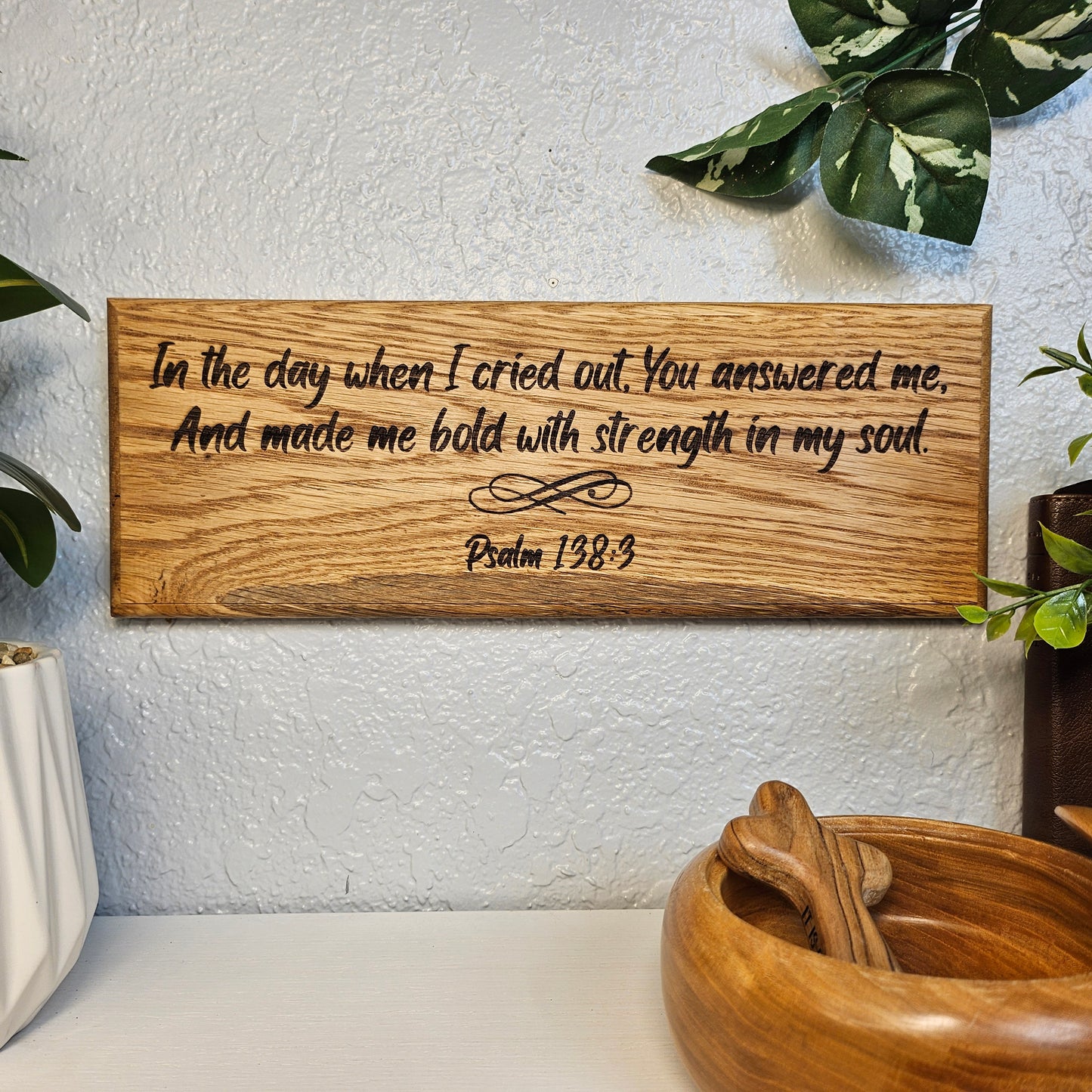 14 inch wood Slice of Scripture reclaimed pallet wood Bible verse wall art displaying Psalm 138:3 - Christian decorative art home decor