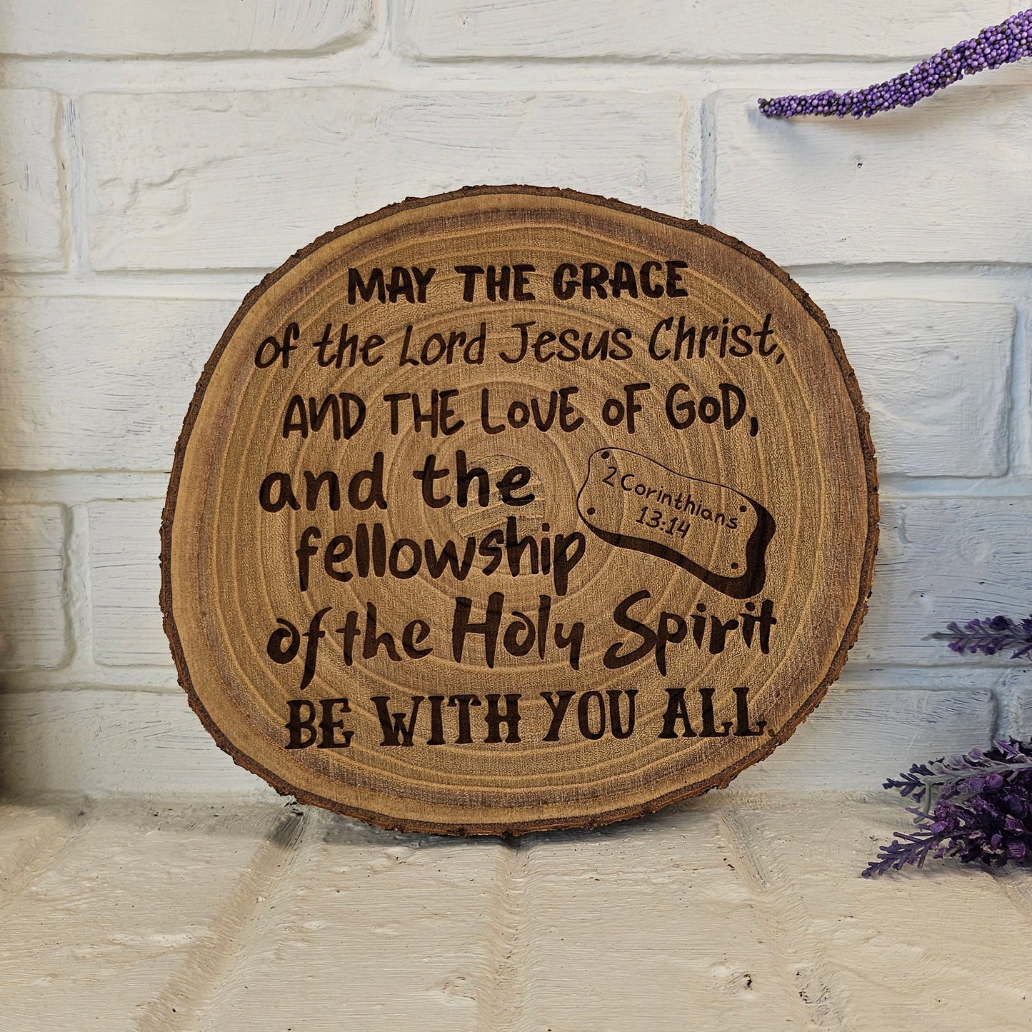 9 inch wood Slice of Scripture piece of Bible verse wall art displaying 2 Corinthians 13:14 - Christian decorative art home decor
