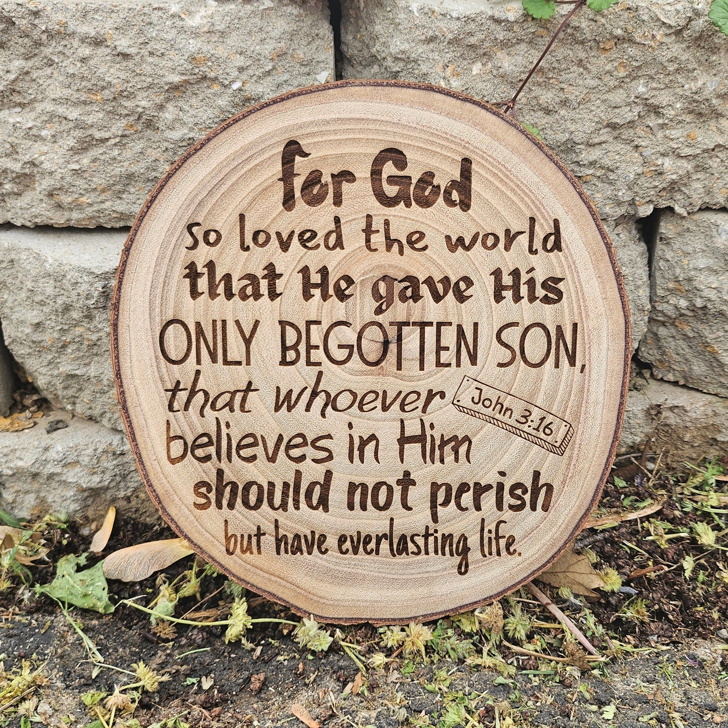 9 inch wood Slice of Scripture piece of Bible verse wall art displaying John 3:16 - Christian decorative art home decor