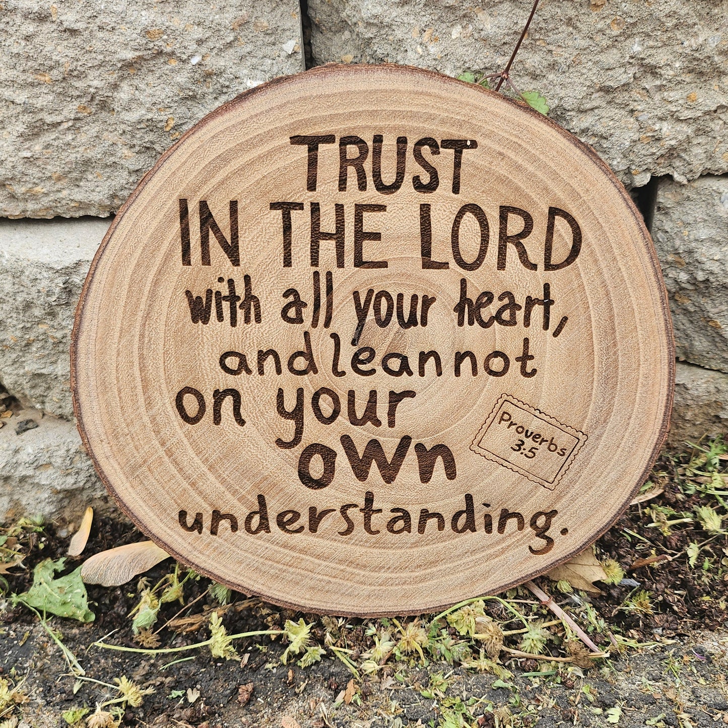 9 inch wood Slice of Scripture piece of Bible verse wall art displaying Proverbs 3:5 - Christian decorative art home decor