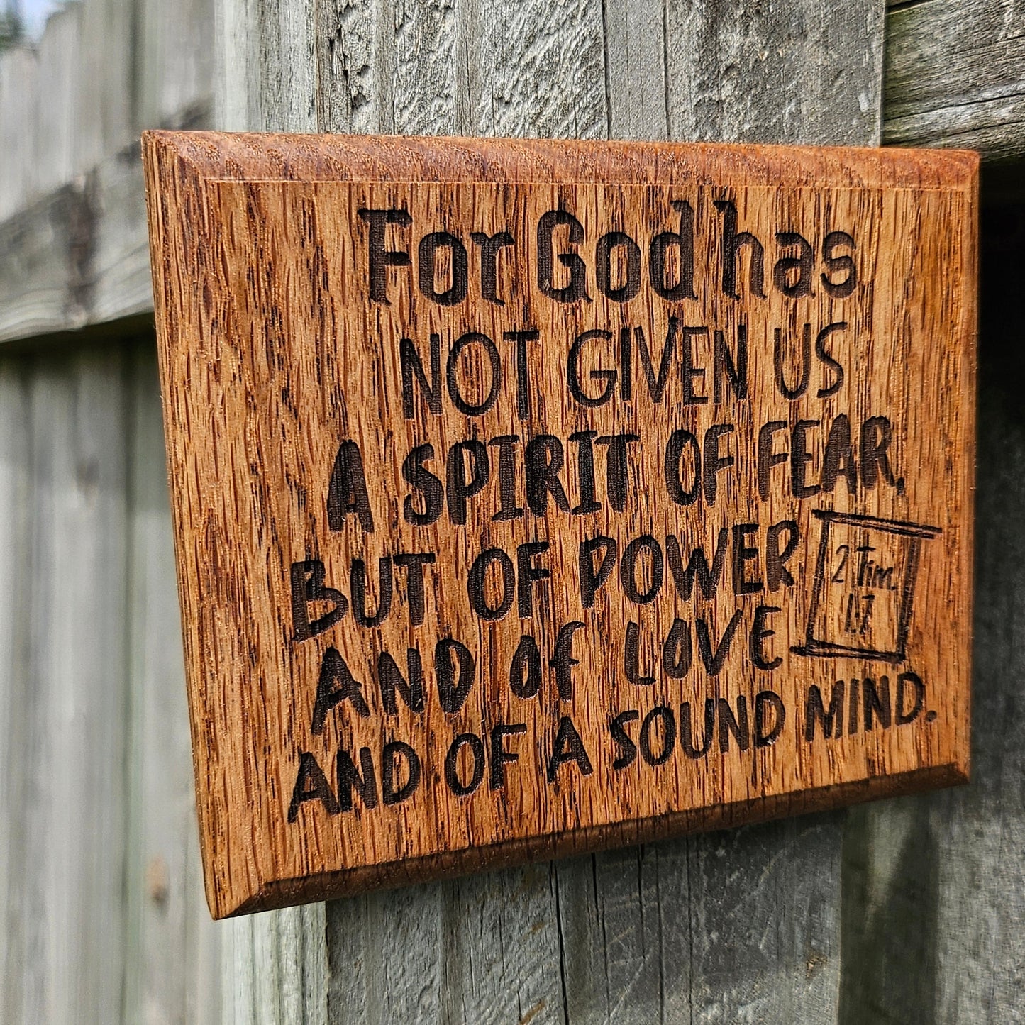 Mini oak plaque from reclaimed pallet hardwood displaying Bible verse 2 Timothy 1: - Christian gift ideas, scripture wall art