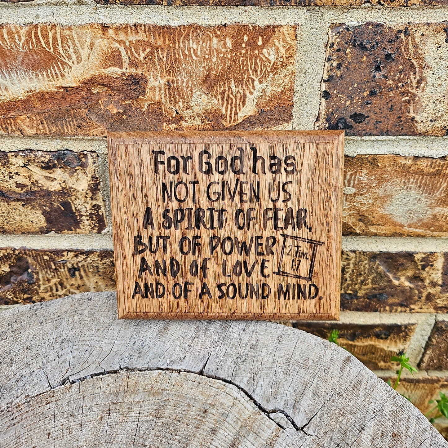Mini oak plaque from reclaimed pallet hardwood displaying Bible verse 2 Timothy 1:7 - Christian gift ideas, scripture wall art