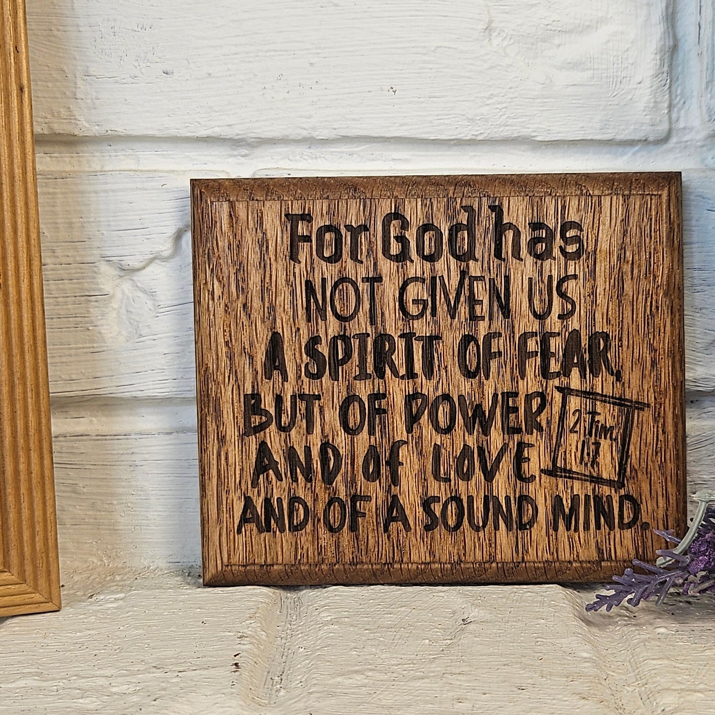 Mini oak plaque from reclaimed pallet hardwood displaying Bible verse 2 Timothy 1:7 - Christian gift ideas, scripture wall art