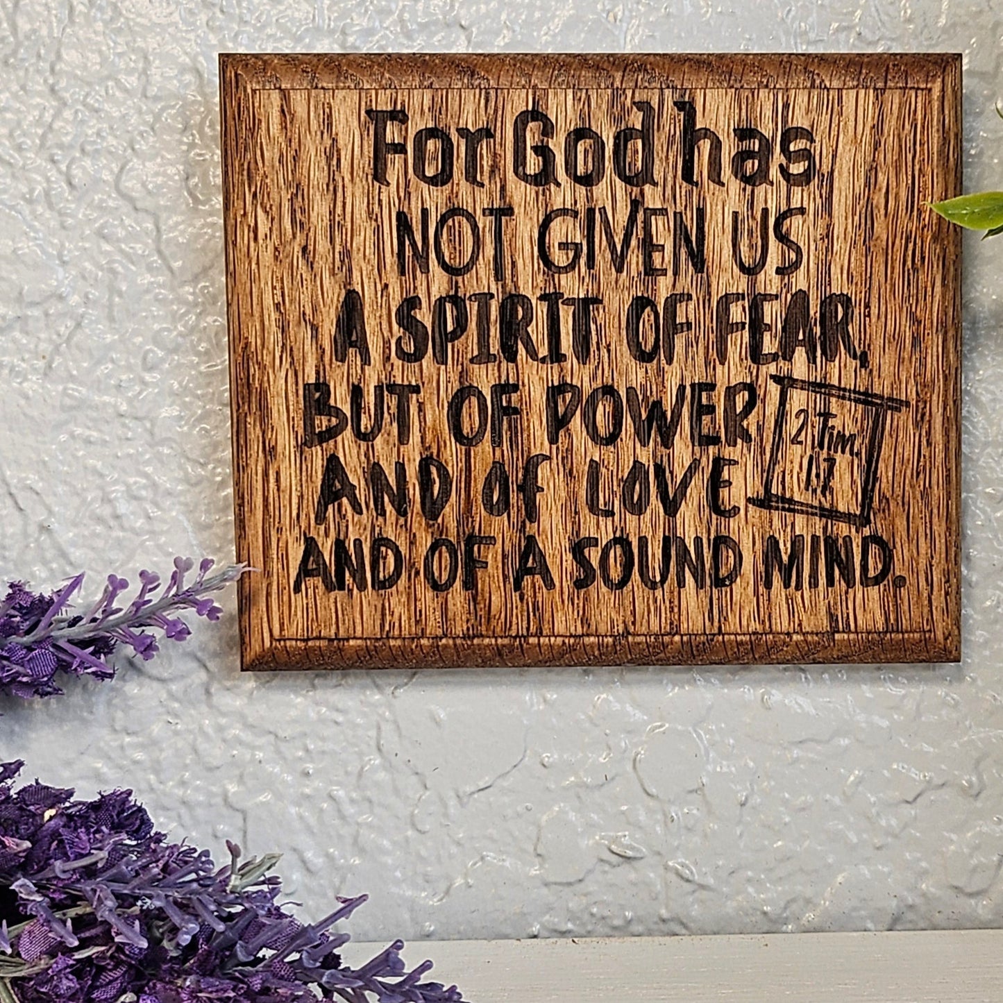 Mini oak plaque from reclaimed pallet hardwood displaying Bible verse 2 Timothy 1:7 - Christian gift ideas, scripture wall art