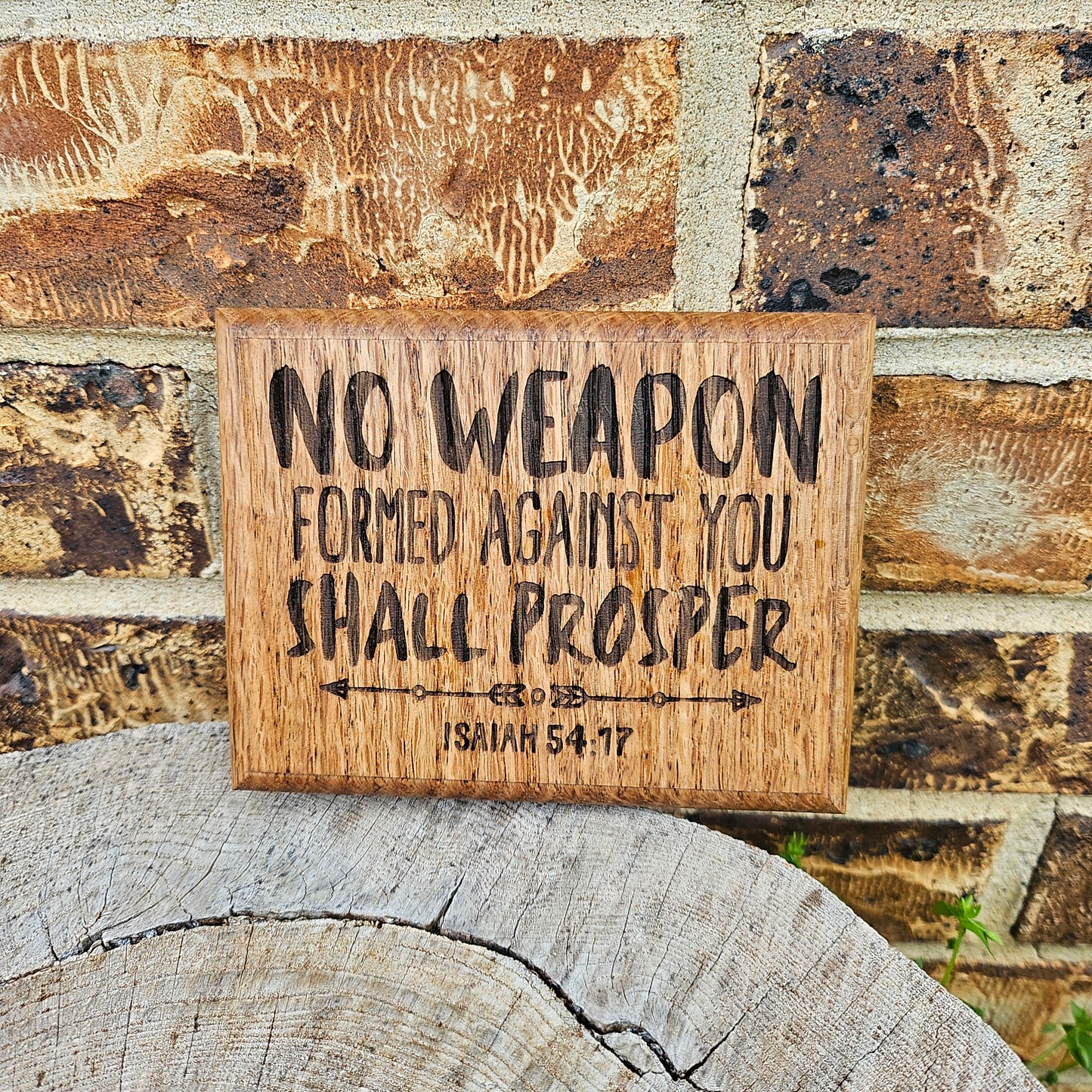 Mini oak plaque from reclaimed pallet hardwood displaying Bible verse Isaiah 54:17 - Christian gift ideas, scripture wall art