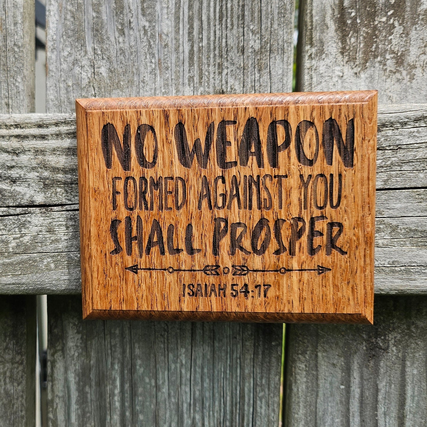 Mini oak plaque from reclaimed pallet hardwood displaying Bible verse Isaiah 54:17 - Christian gift ideas, scripture wall art
