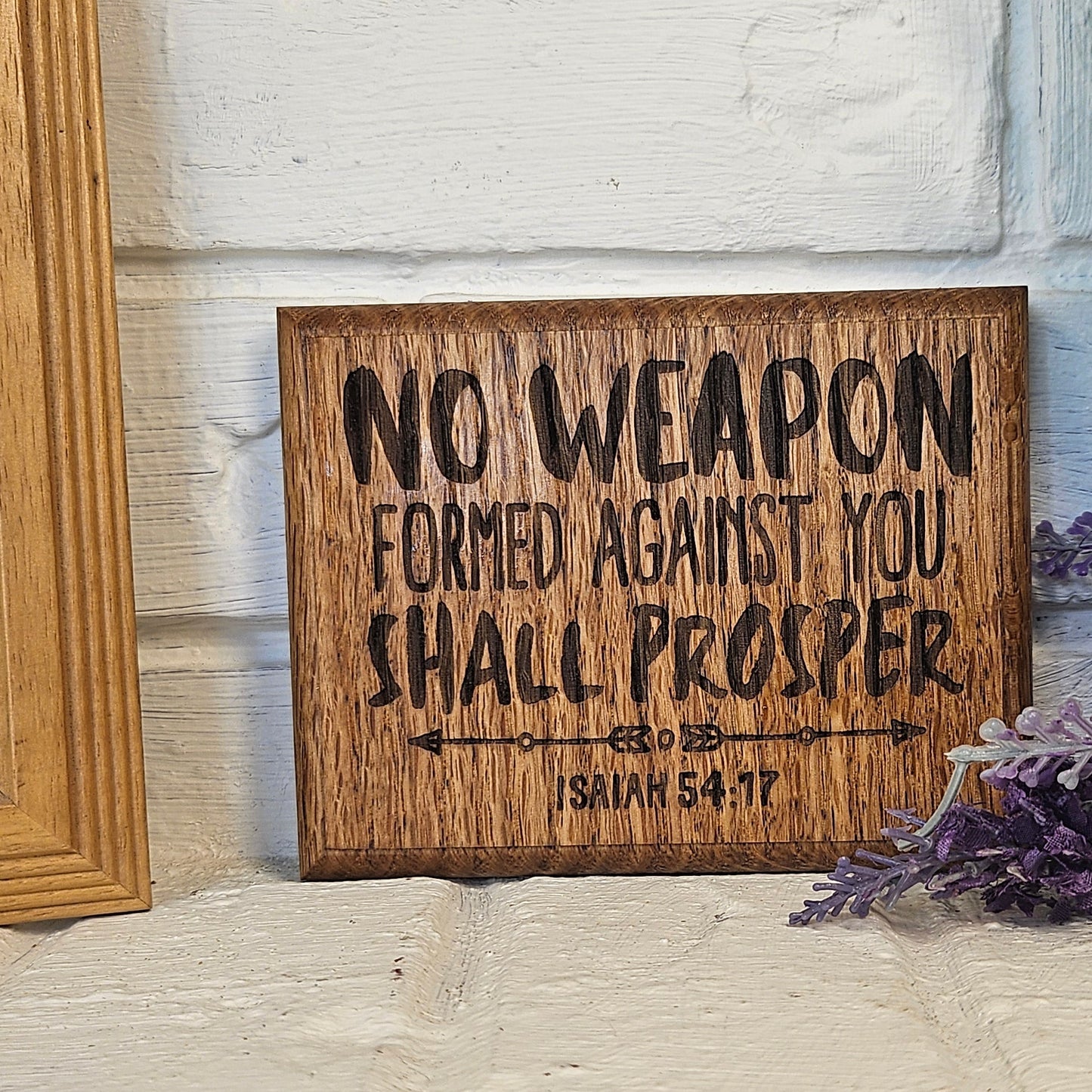 Mini oak plaque from reclaimed pallet hardwood displaying Bible verse Isaiah 54:17 - Christian gift ideas, scripture wall art