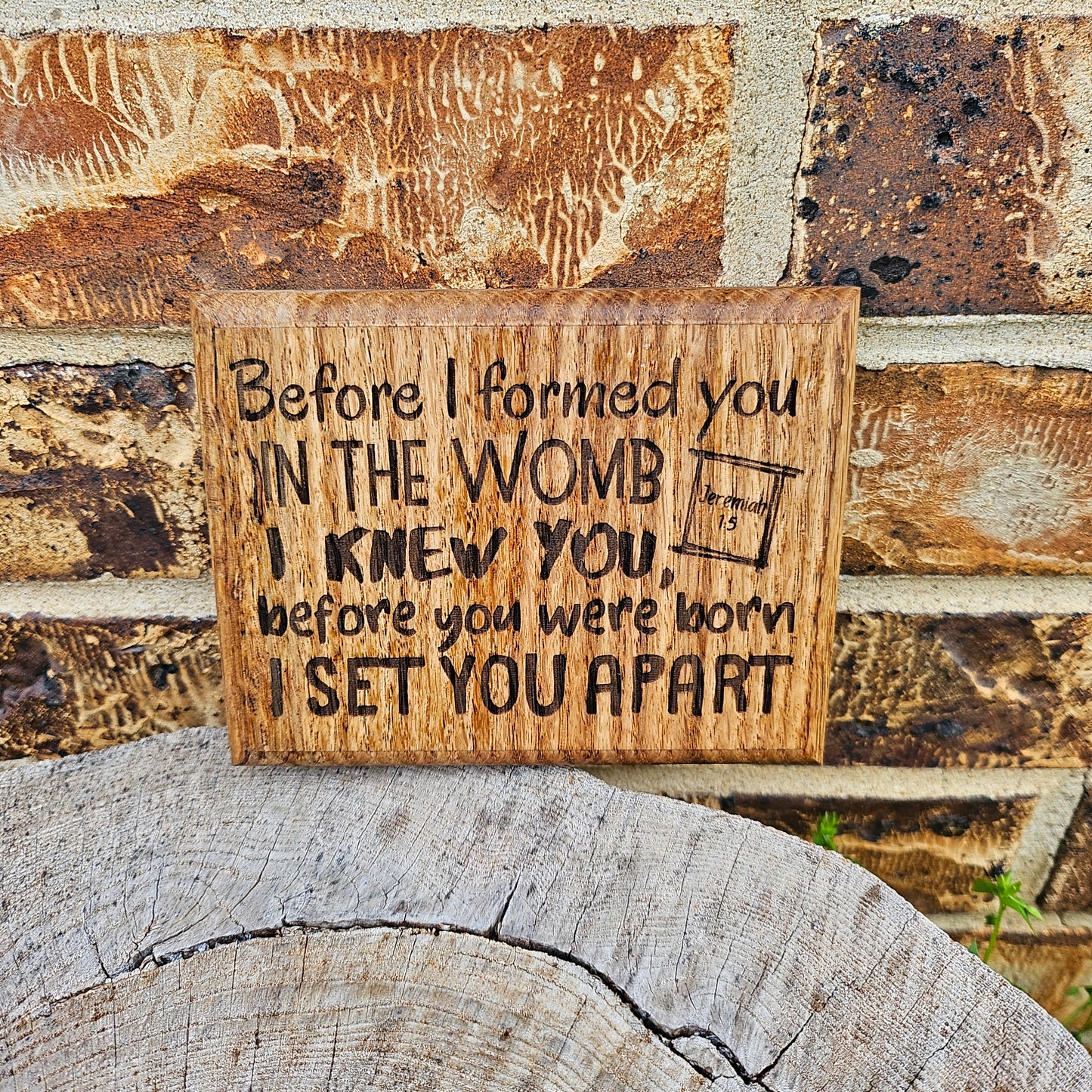 Mini oak plaque from reclaimed pallet hardwood displaying Bible verse Jeremiah 1:5 - Christian gift ideas, scripture wall art