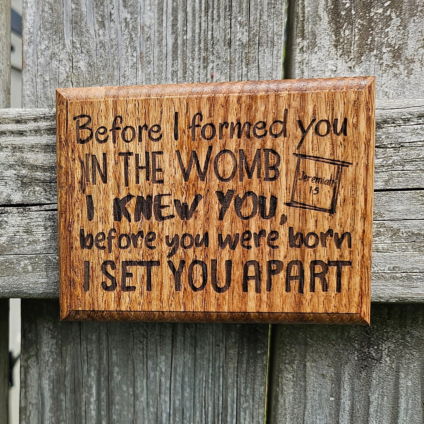 Mini oak plaque from reclaimed pallet hardwood displaying Bible verse Jeremiah 1:5 - Christian gift ideas, scripture wall art