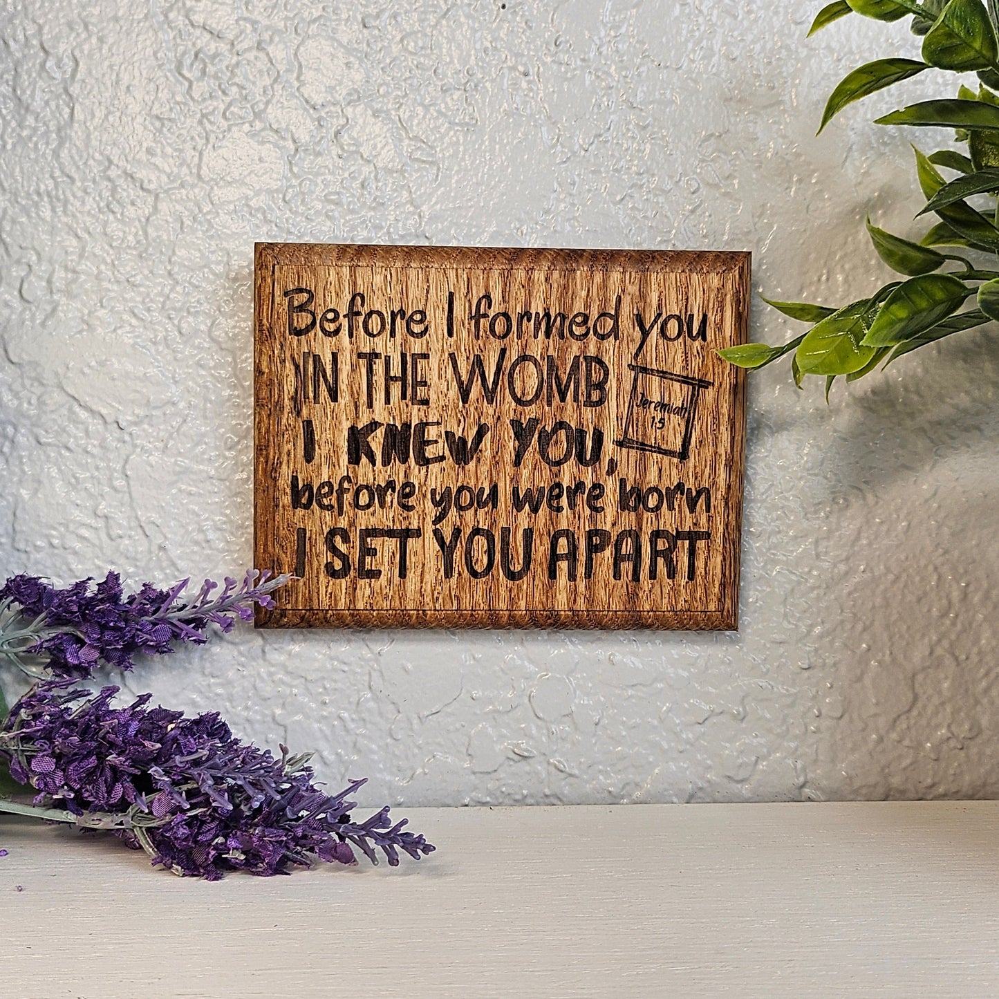 Mini oak plaque from reclaimed pallet hardwood displaying Bible verse Jeremiah 1:5 - Christian gift ideas, scripture wall art