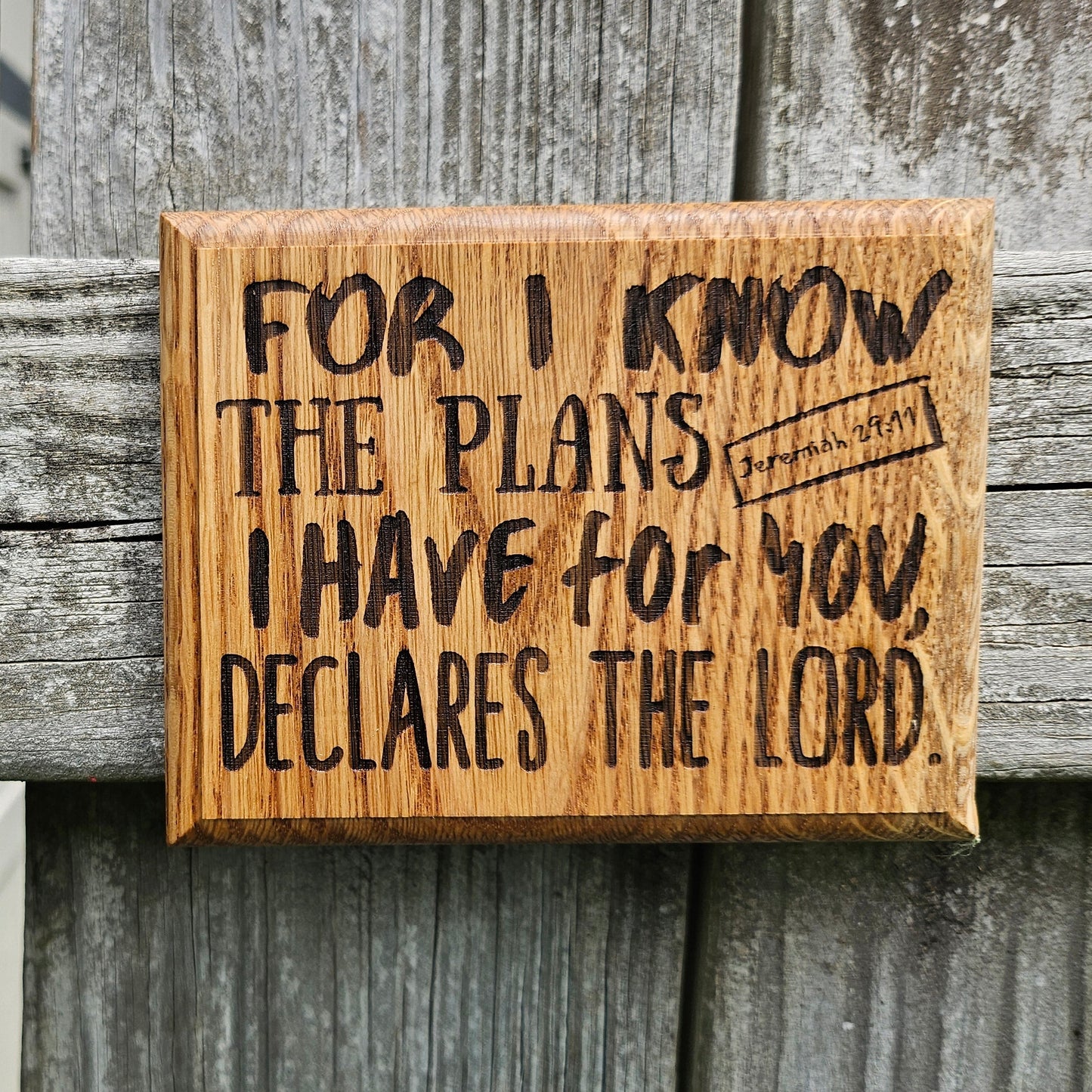 Mini oak plaque from reclaimed pallet hardwood displaying Bible verse Jeremiah 29:11 - Christian gift ideas, scripture wall art