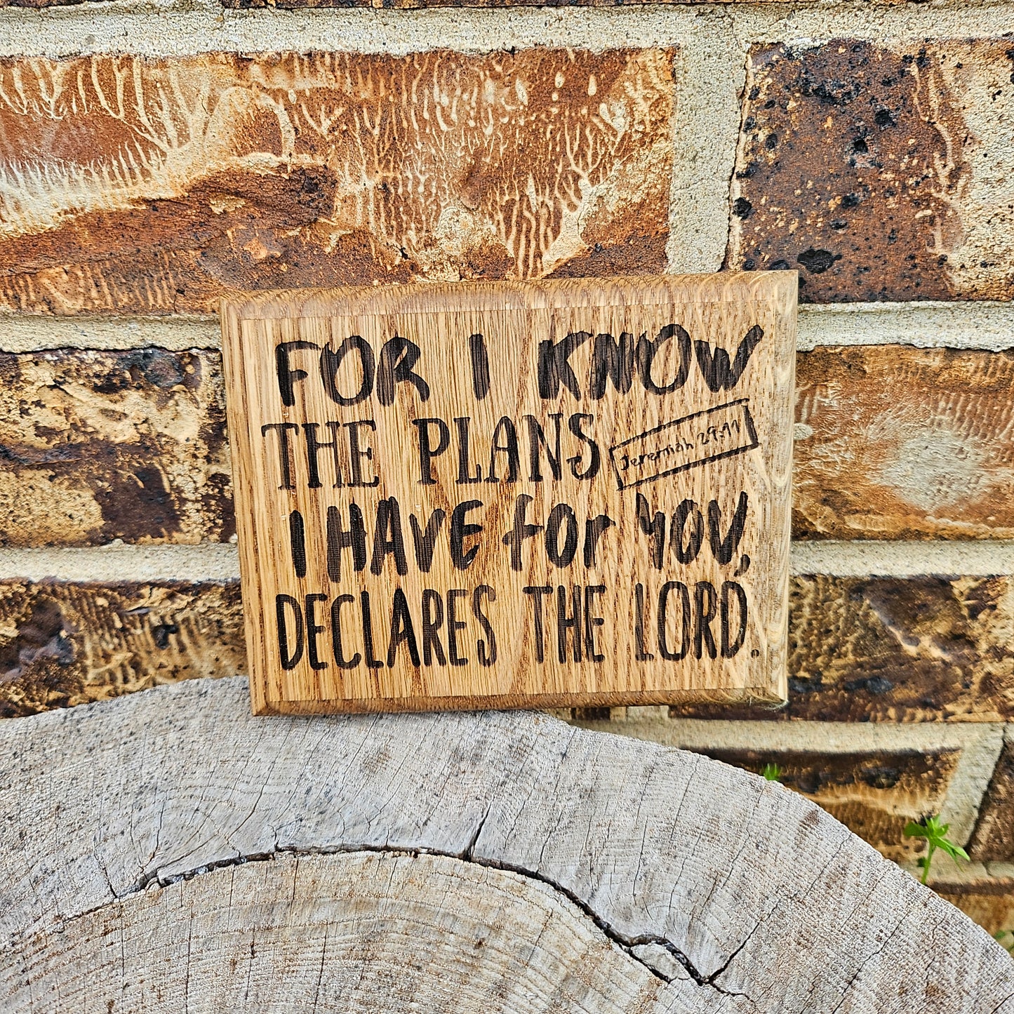 Mini oak plaque from reclaimed pallet hardwood displaying Bible verse Jeremiah 29:11- Christian gift ideas, scripture wall art