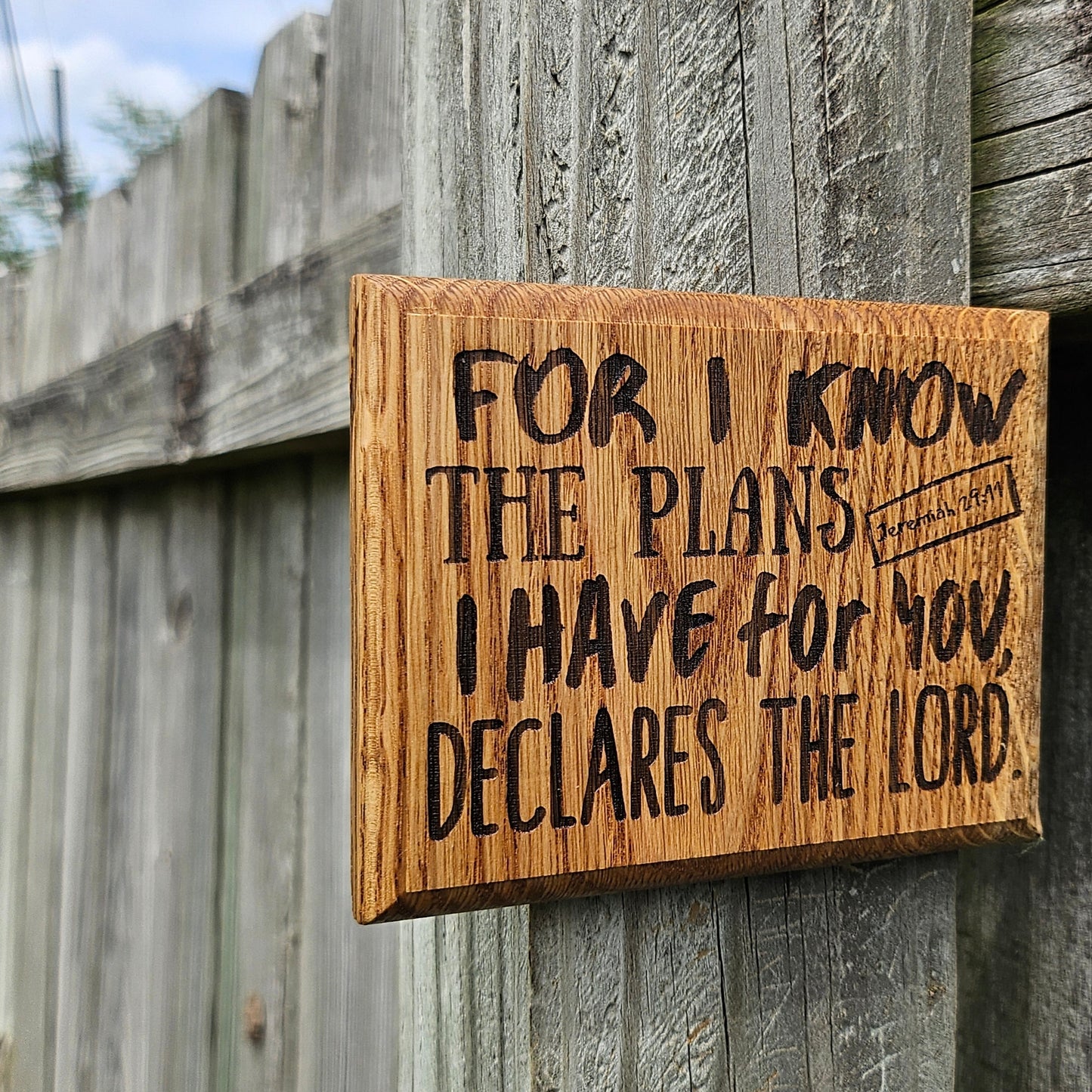 Mini oak plaque from reclaimed pallet hardwood displaying Bible verse Jeremiah 29:11 - Christian gift ideas, scripture wall art