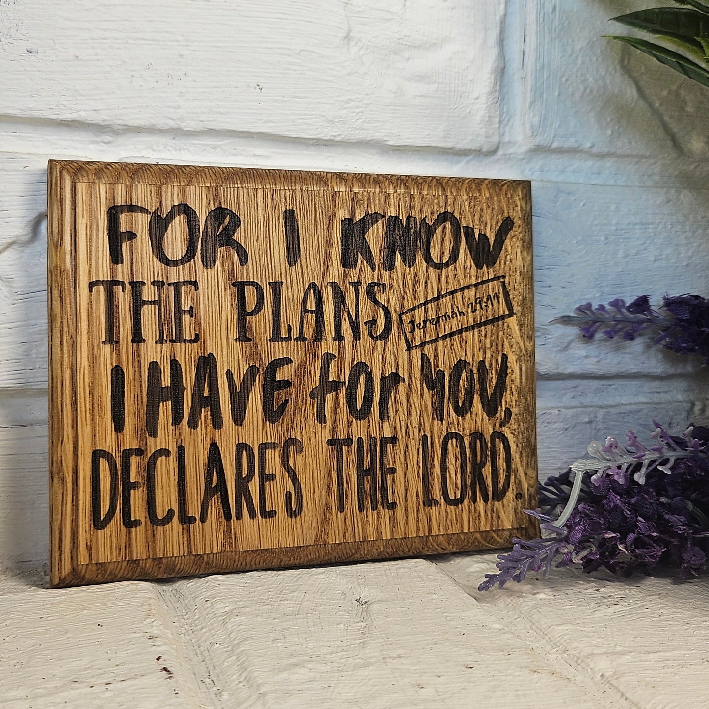 Mini oak plaque from reclaimed pallet hardwood displaying Bible verse Jeremiah 29:11 - Christian gift ideas, scripture wall art