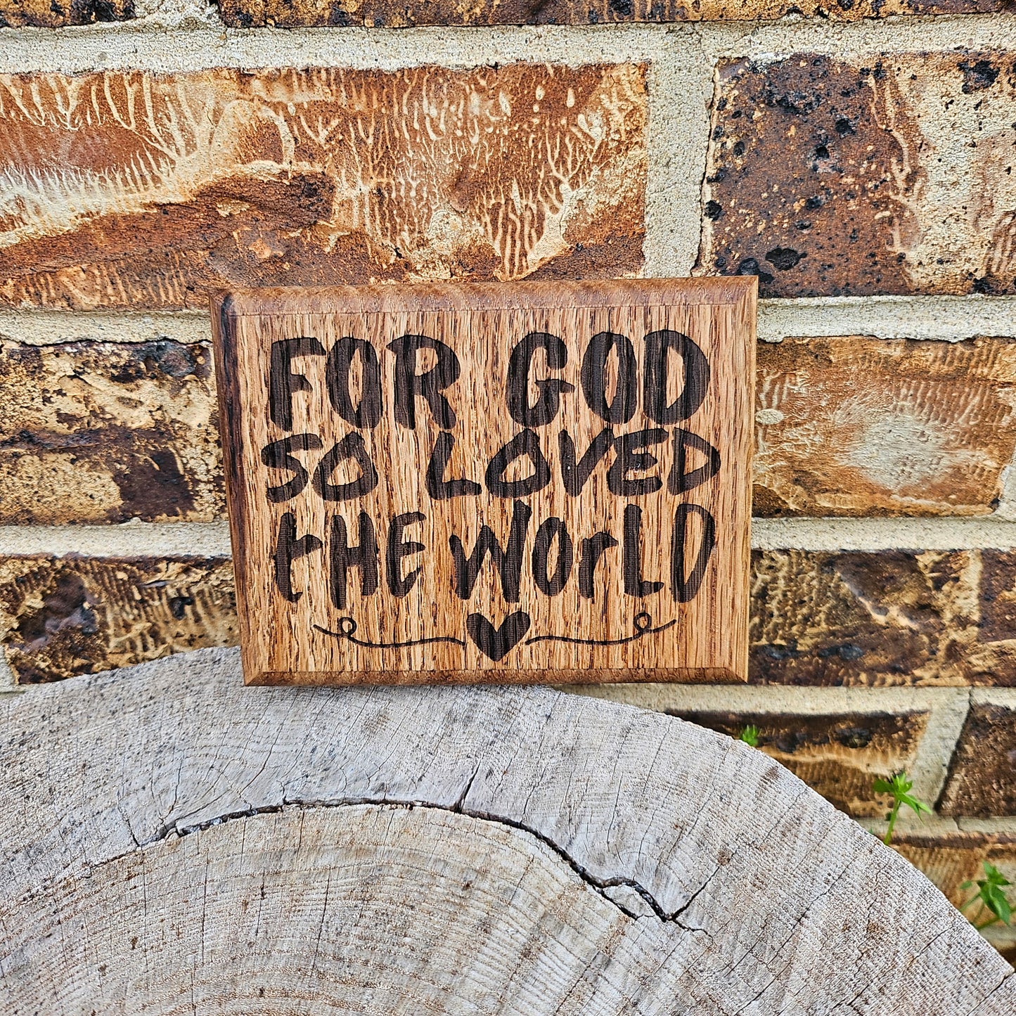 Mini oak plaque from reclaimed pallet hardwood displaying Bible verse John 3:16 - Christian gift ideas, scripture wall art