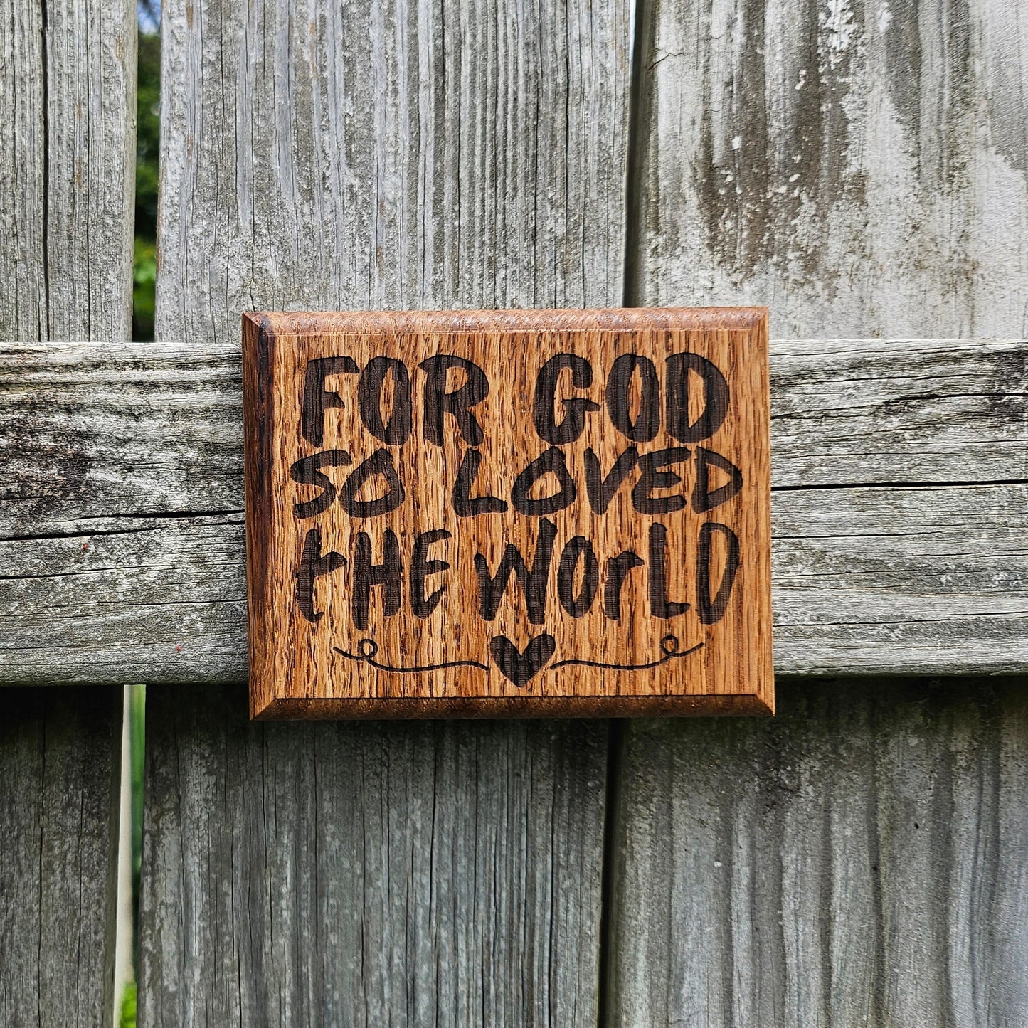 Mini oak plaque from reclaimed pallet hardwood displaying Bible verse John 3:16 - Christian gift ideas, scripture wall art