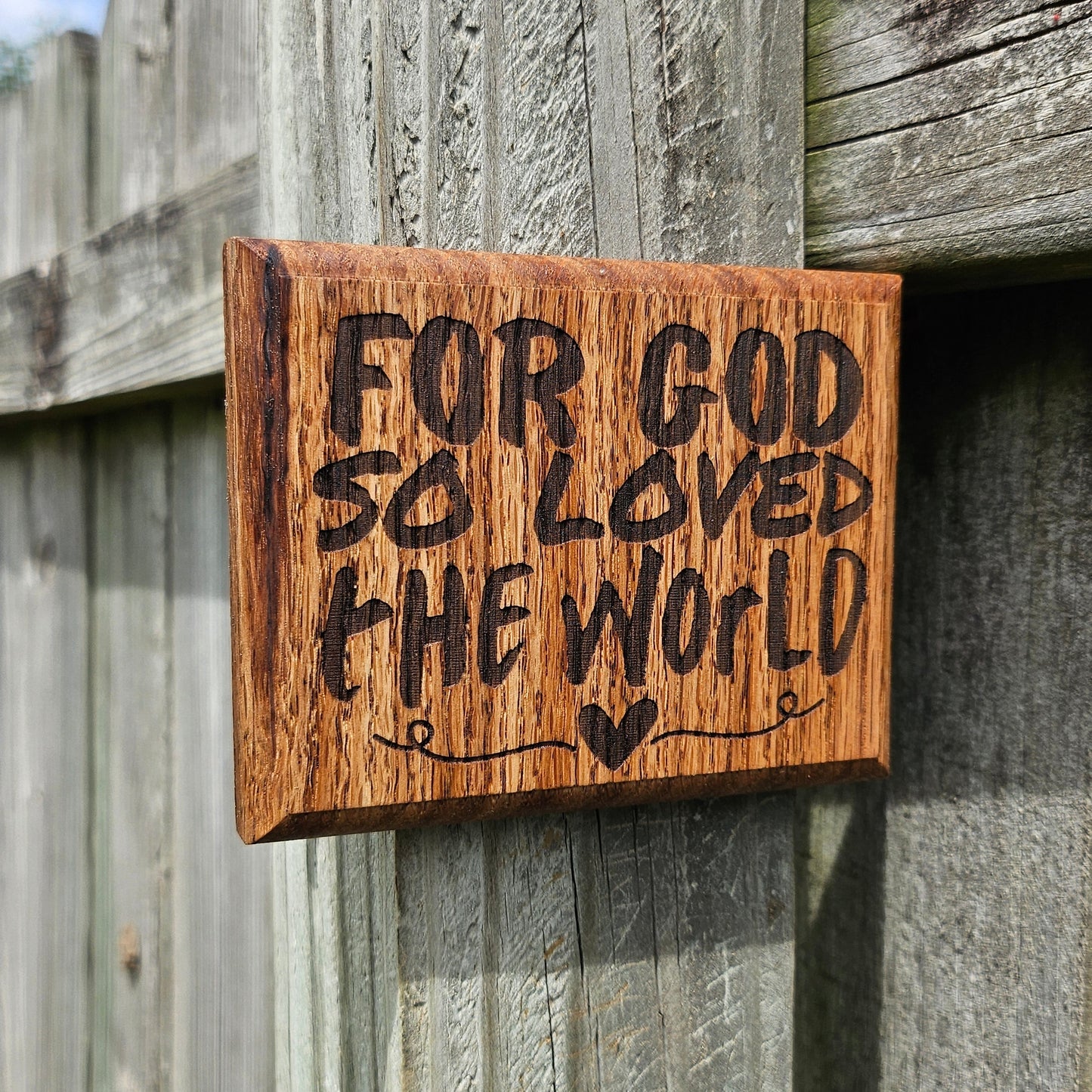 Mini oak plaque from reclaimed pallet hardwood displaying Bible verse John 3:16 - Christian gift ideas, scripture wall art