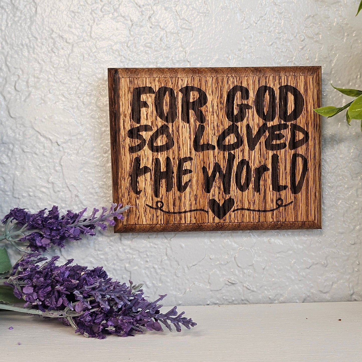 Mini oak plaque from reclaimed pallet hardwood displaying Bible verse John 3:16 - Christian gift ideas, scripture wall art