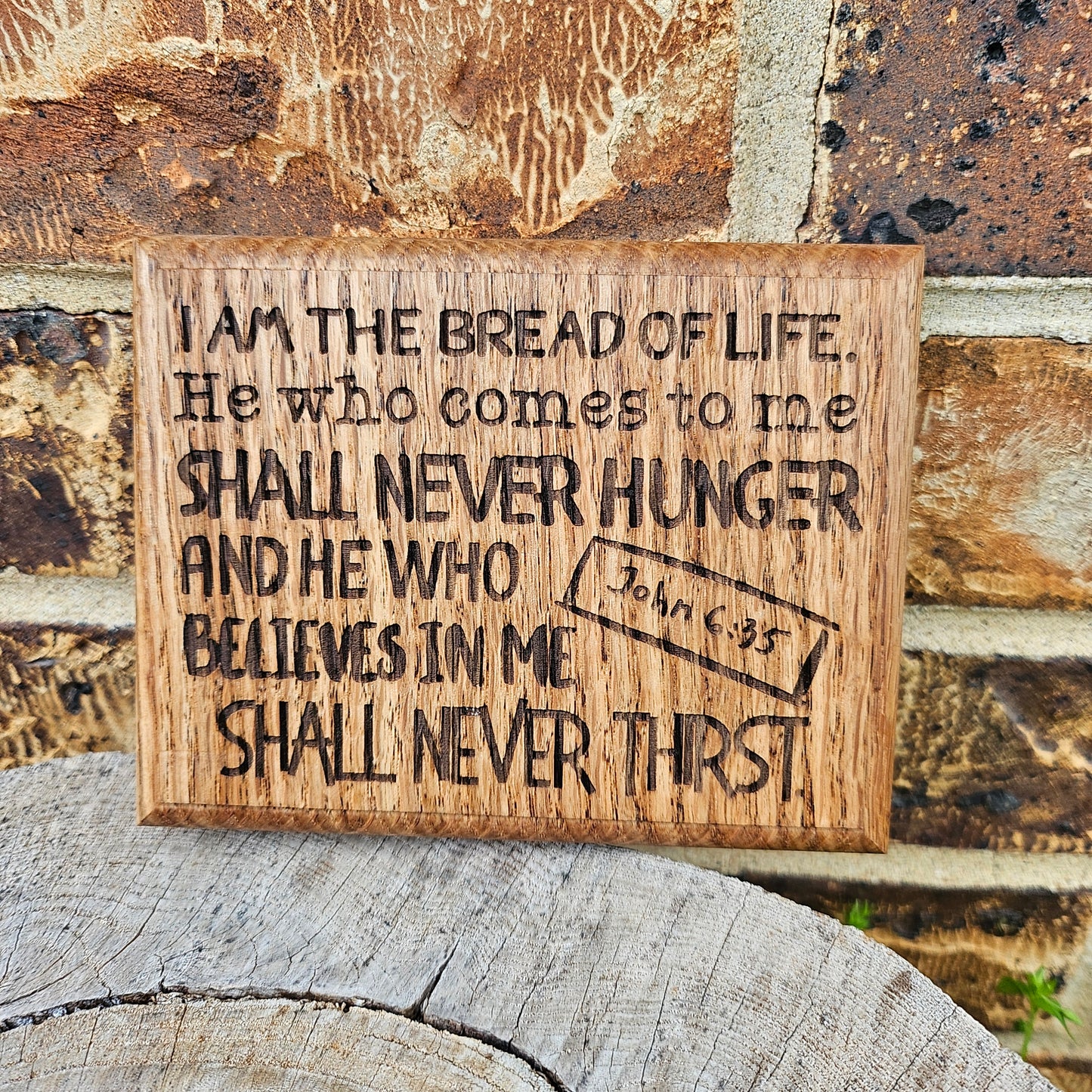 Mini oak plaque from reclaimed pallet hardwood displaying Bible verse John 6:35 - Christian gift ideas, scripture wall art