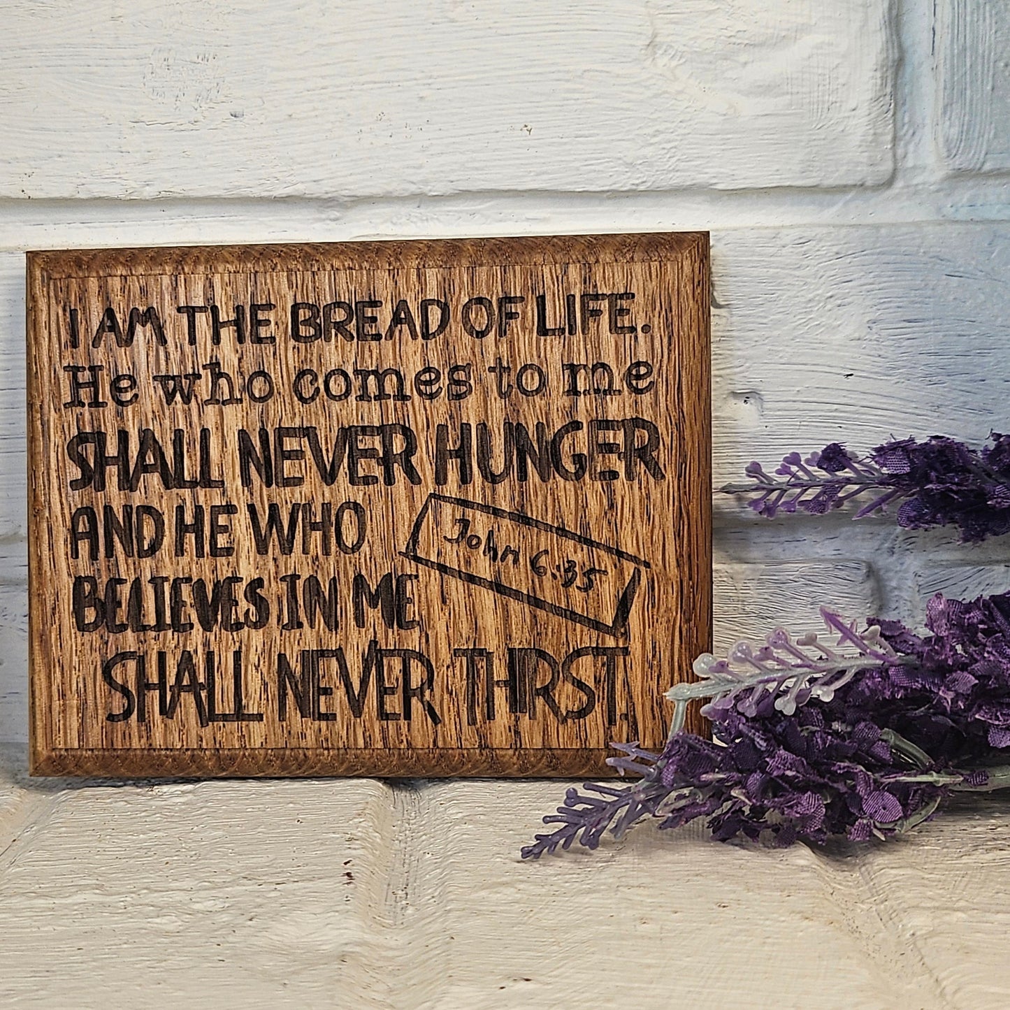 Mini oak plaque from reclaimed pallet hardwood displaying Bible verse John 6:35 - Christian gift ideas, scripture wall art