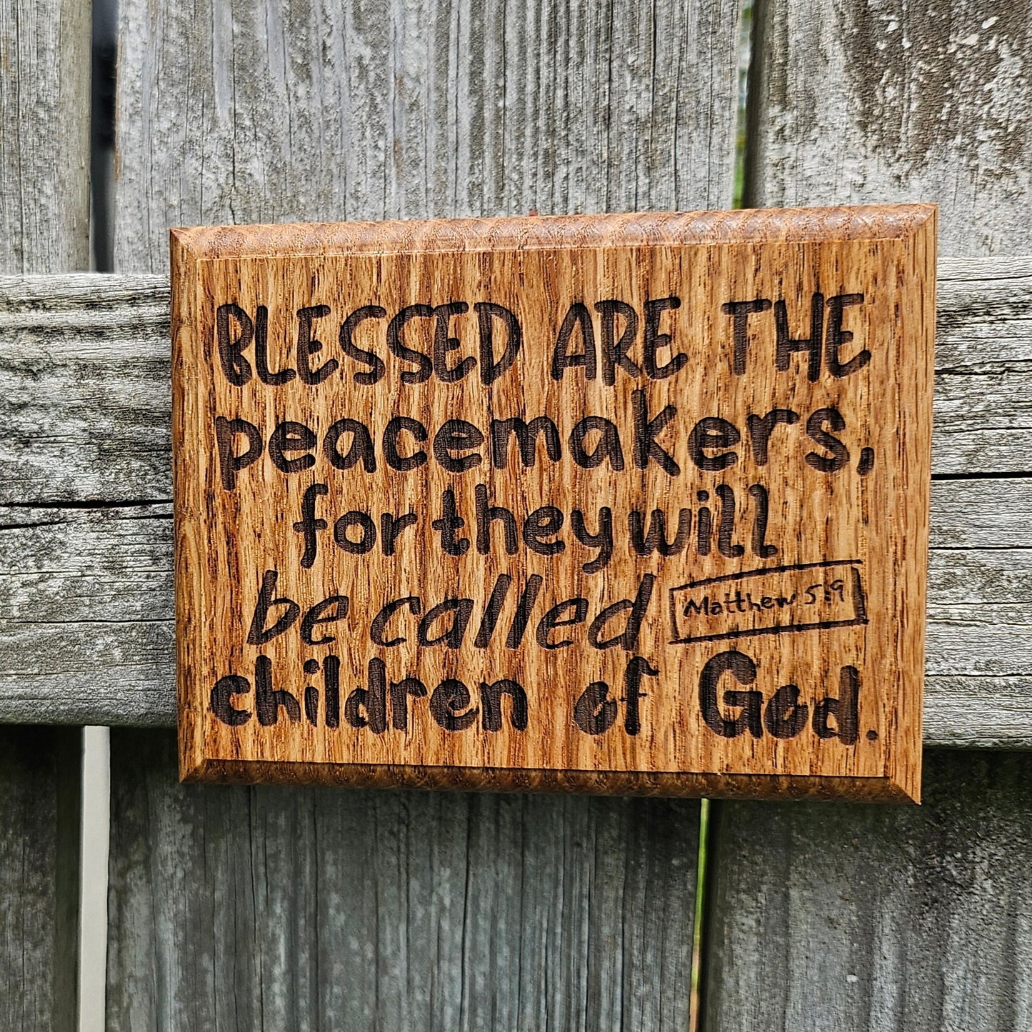 Mini oak plaque from reclaimed pallet hardwood displaying Bible verse Matthew 5:9 - Christian gift ideas, scripture wall art