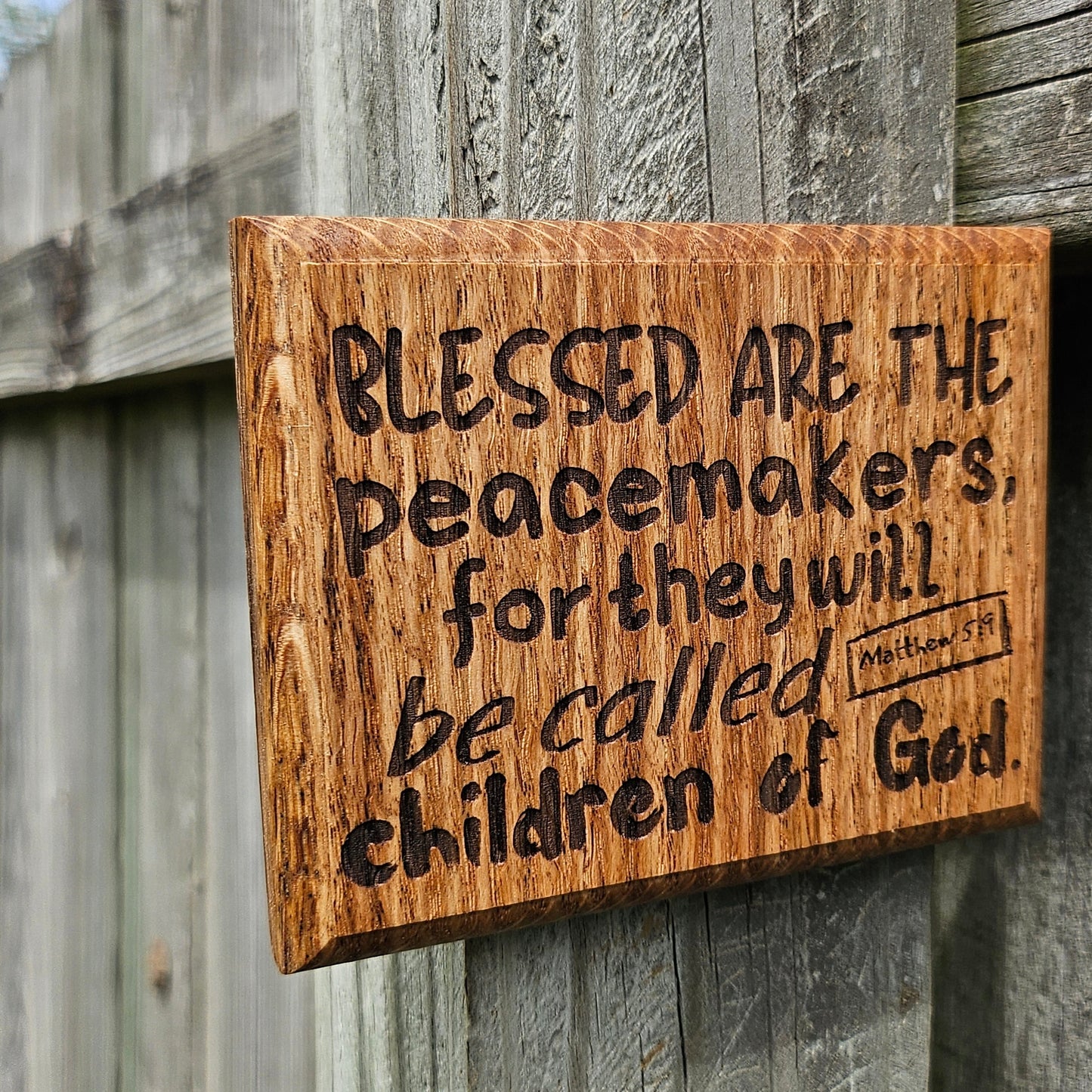 Mini oak plaque from reclaimed pallet hardwood displaying Bible verse Matthew 5:9 - Christian gift ideas, scripture wall art