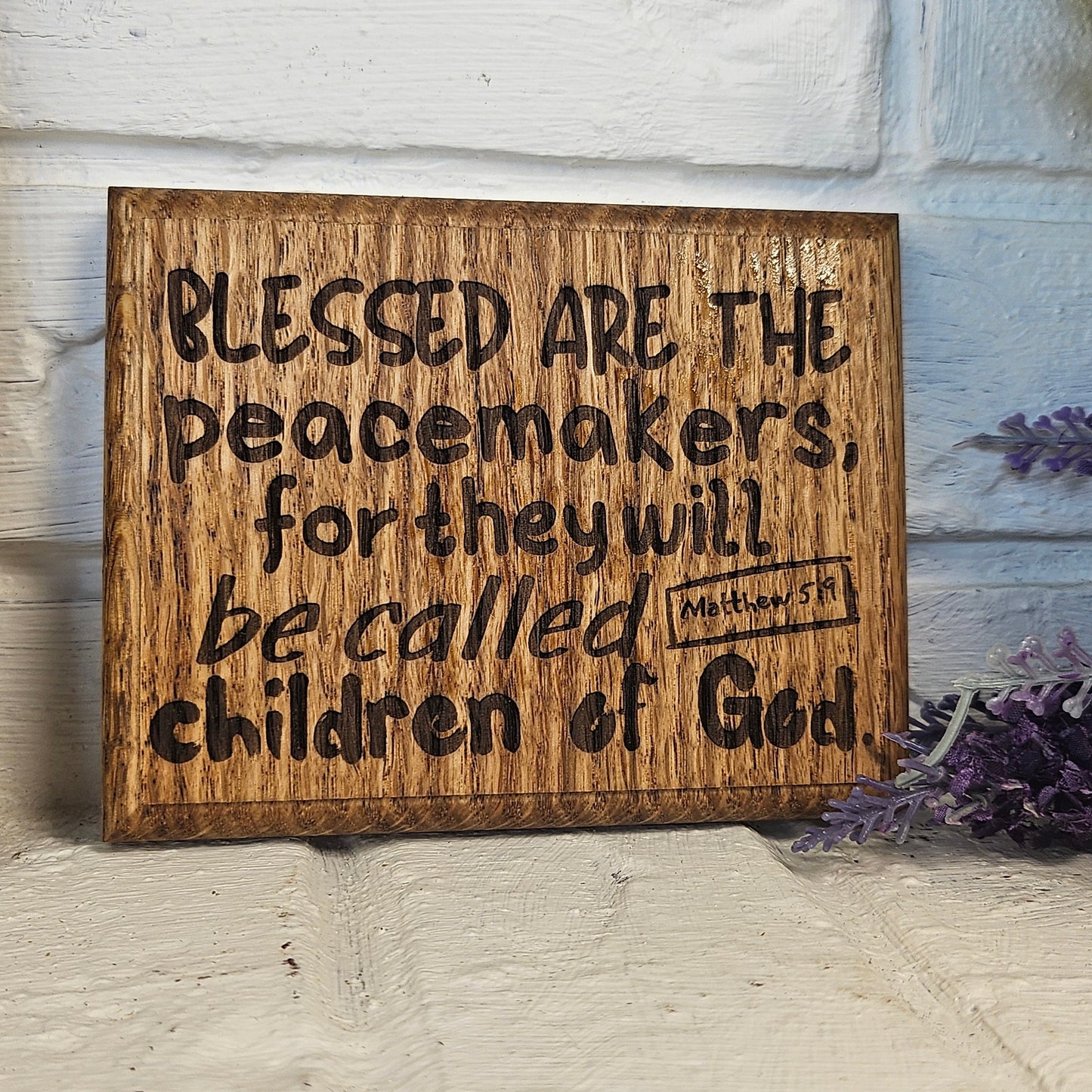 Mini oak plaque from reclaimed pallet hardwood displaying Bible verse Matthew 5:9 - Christian gift ideas, scripture wall art