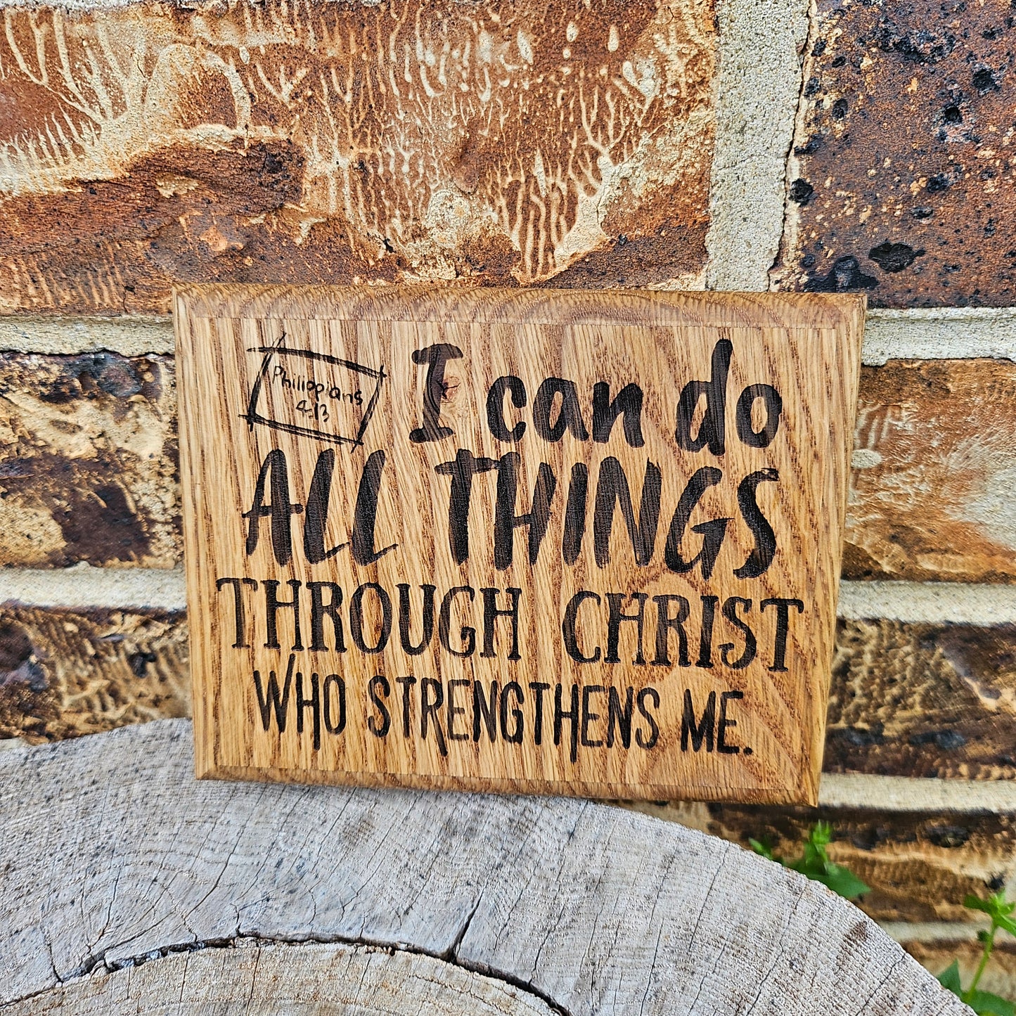 Mini oak plaque from reclaimed pallet hardwood displaying Bible verse Philippians 4:13- Christian gift ideas, scripture wall art