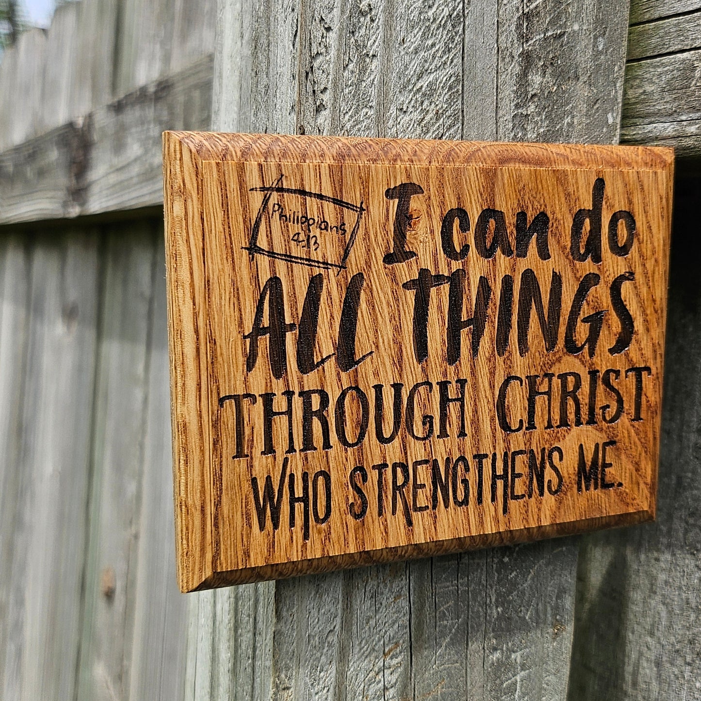 Mini oak plaque from reclaimed pallet hardwood displaying Bible verse Philippians 4:13 - Christian gift ideas, scripture wall art