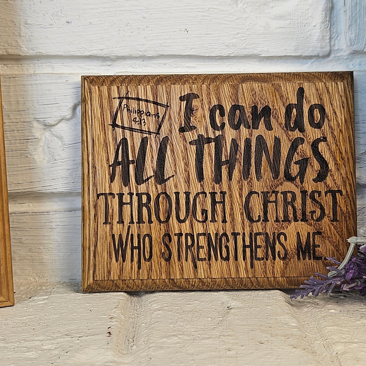 Mini oak plaque from reclaimed pallet hardwood displaying Bible verse Philippians 4:13 - Christian gift ideas, scripture wall art