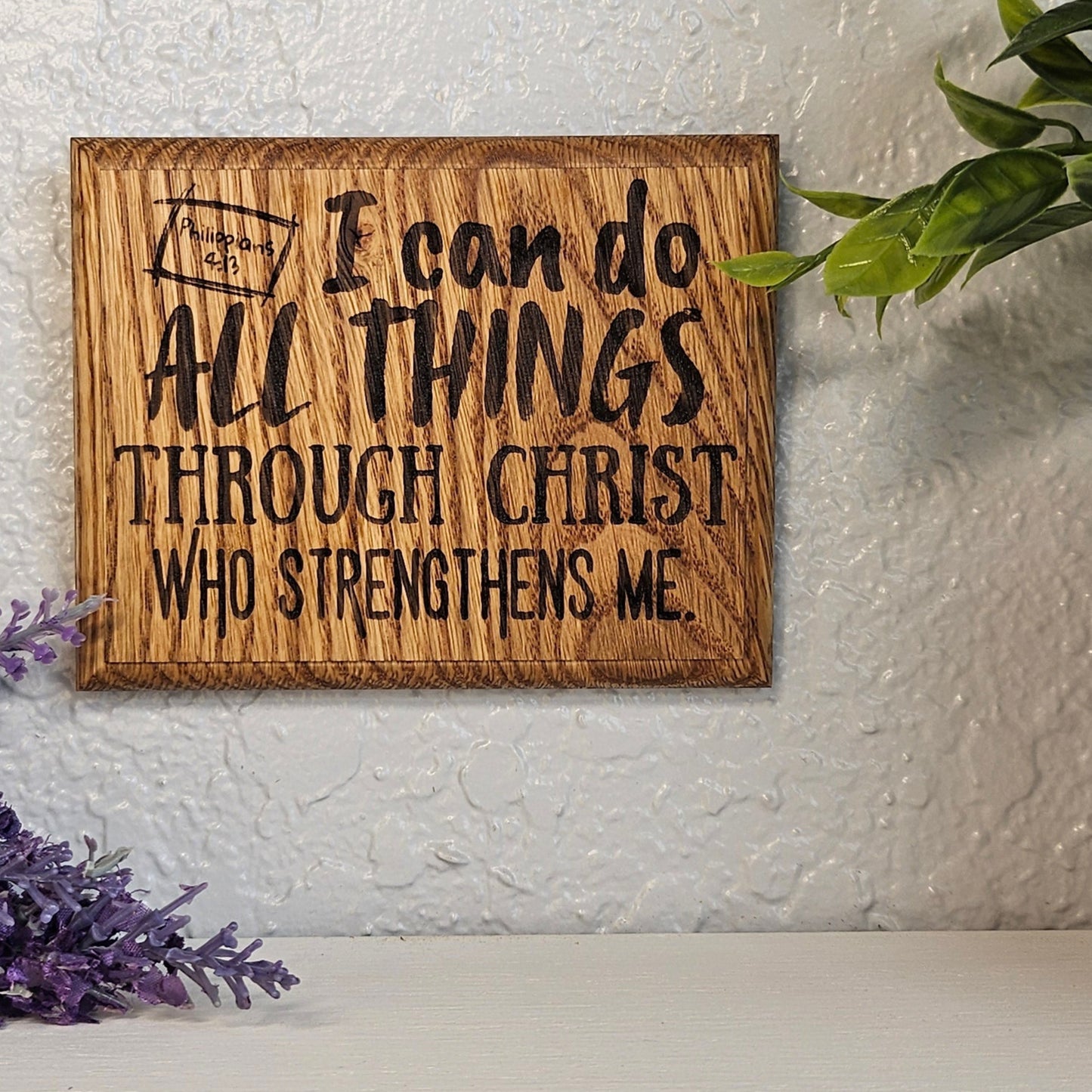 Mini oak plaque from reclaimed pallet hardwood displaying Bible verse Philippians 4:13 - Christian gift ideas, scripture wall art