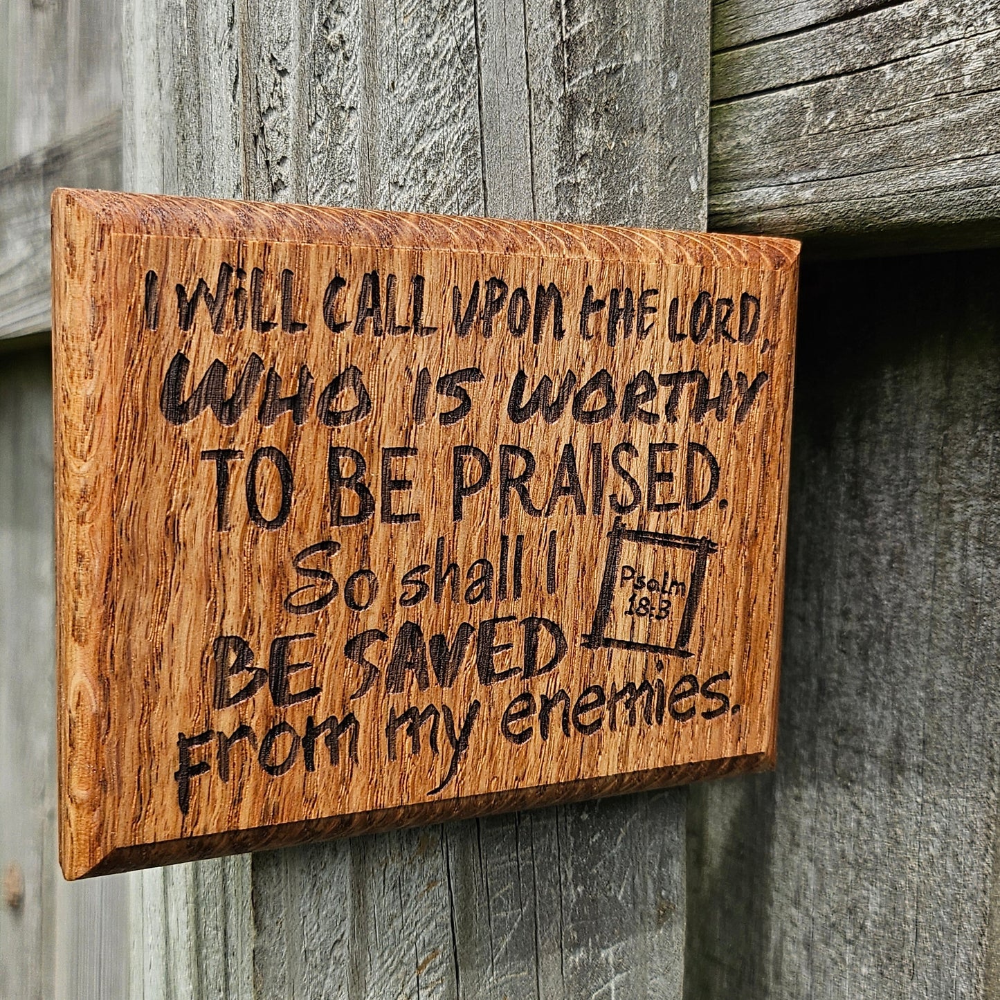 Mini oak plaque from reclaimed pallet hardwood displaying Bible verse Psalm 18:3 - Christian gift ideas, scripture wall art