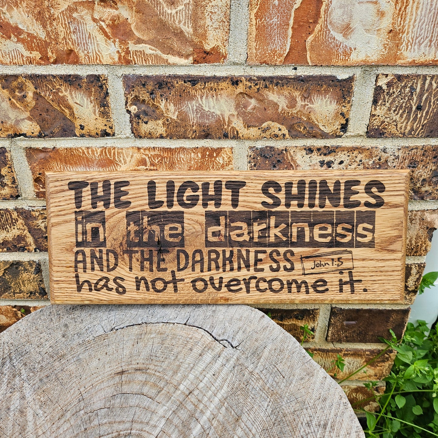 14 inch wood Slice of Scripture reclaimed pallet wood Bible verse wall art displaying John 1:5- Christian decorative art home decor