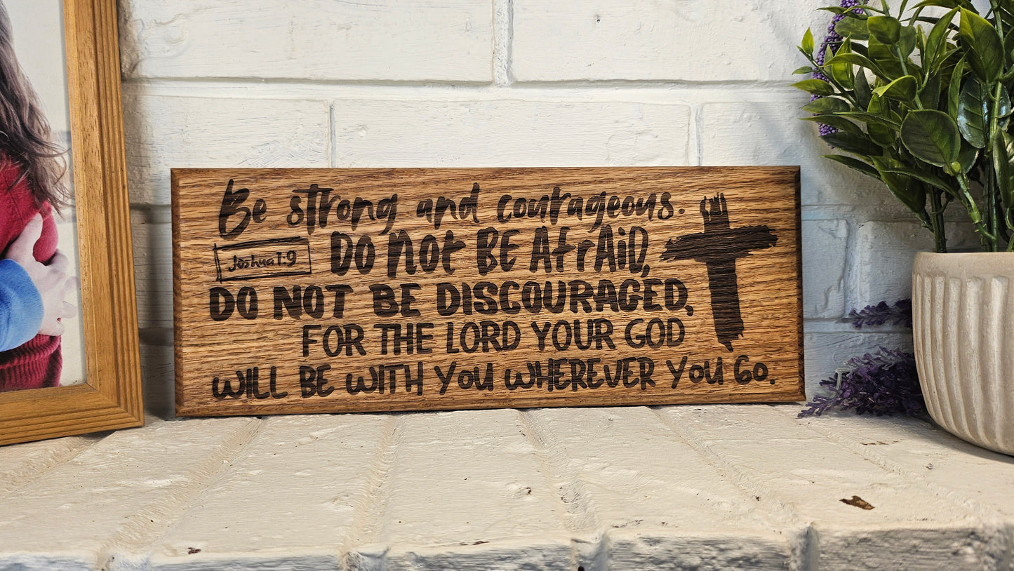 14 inch wood Slice of Scripture reclaimed pallet wood Bible verse wall art displaying Joshua 1:9 - Christian decorative art home decor