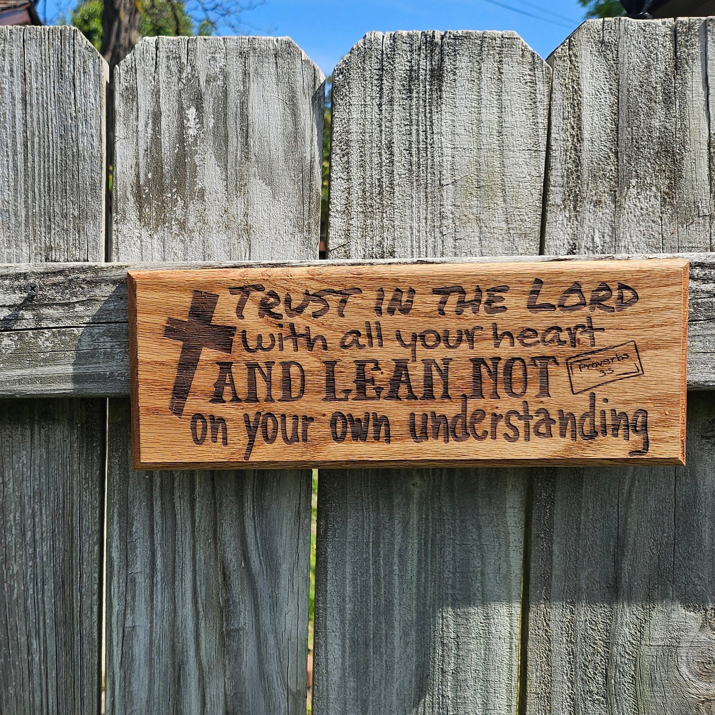 14 inch wood Slice of Scripture reclaimed pallet wood Bible verse wall art displaying Proverbs 3:5- Christian decorative art home decor