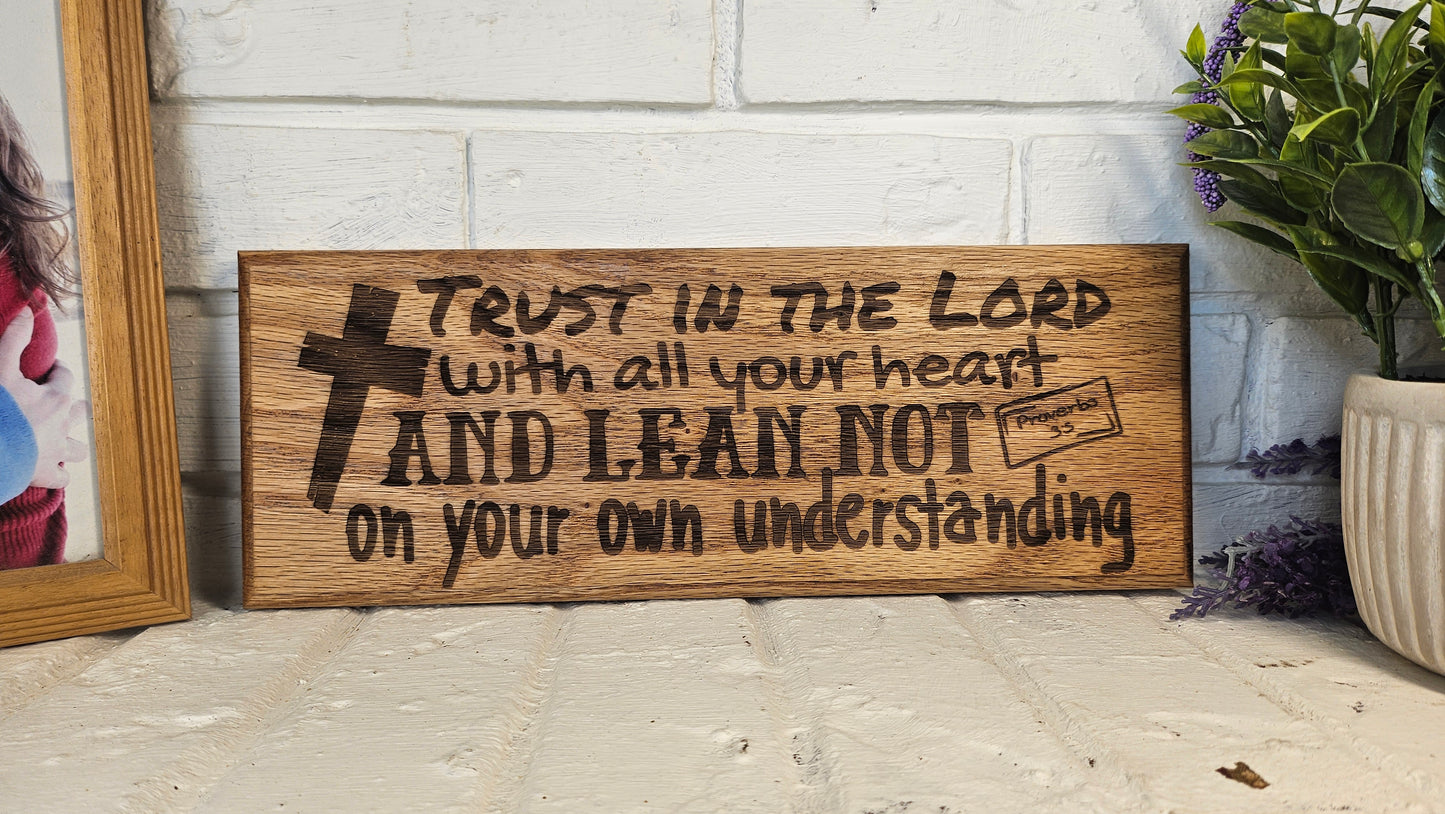 14 inch wood Slice of Scripture reclaimed pallet wood Bible verse wall art displaying Proverbs 3:5 - Christian decorative art home decor
