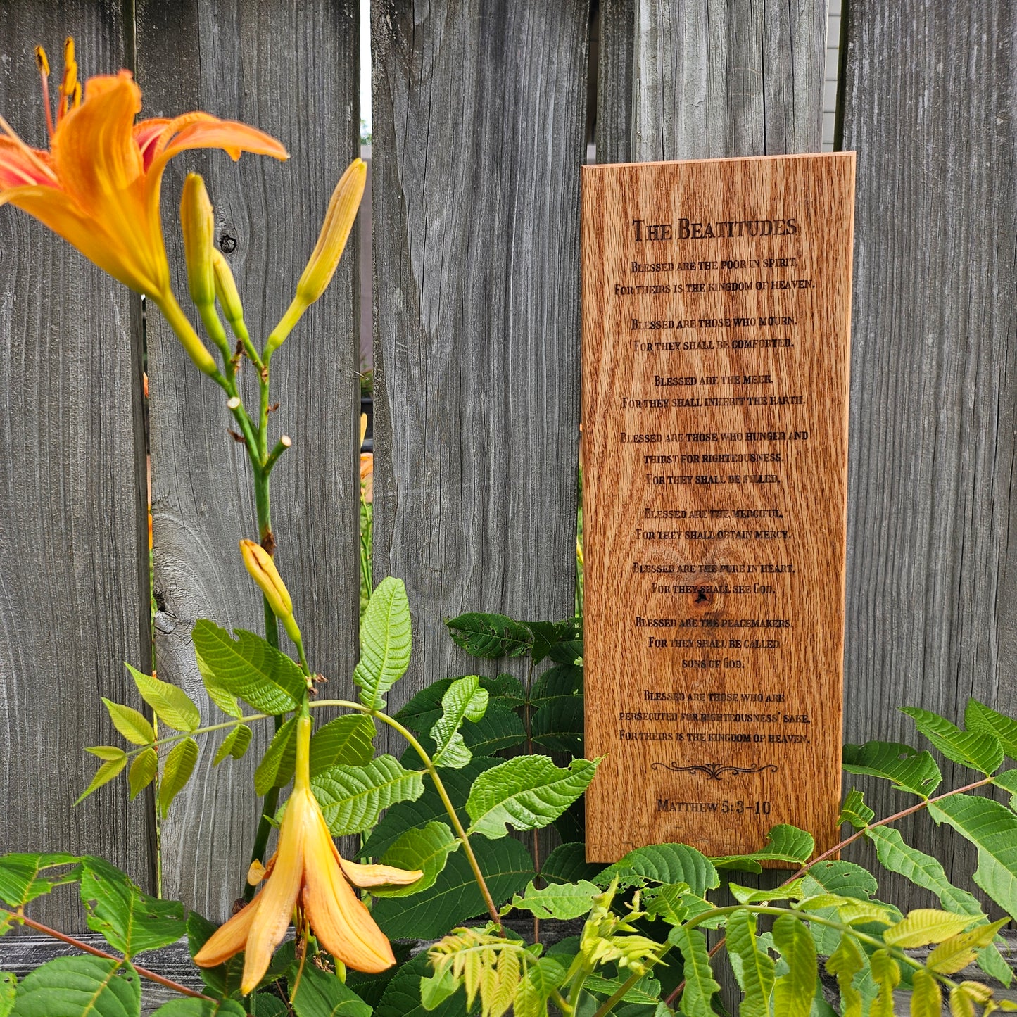 14 inch wood Slice of Scripture reclaimed pallet wood Bible verse wall art displaying the Beatitudes - Christian decorative art home decor