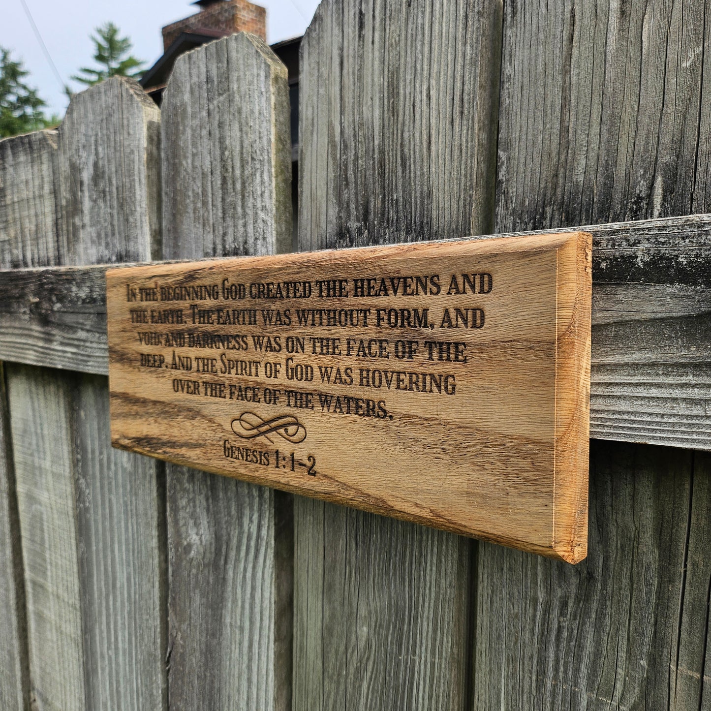 14 inch wood Slice of Scripture reclaimed pallet wood Bible verse wall art displaying Genesis 1:1-2 - Christian decorative art home decor
