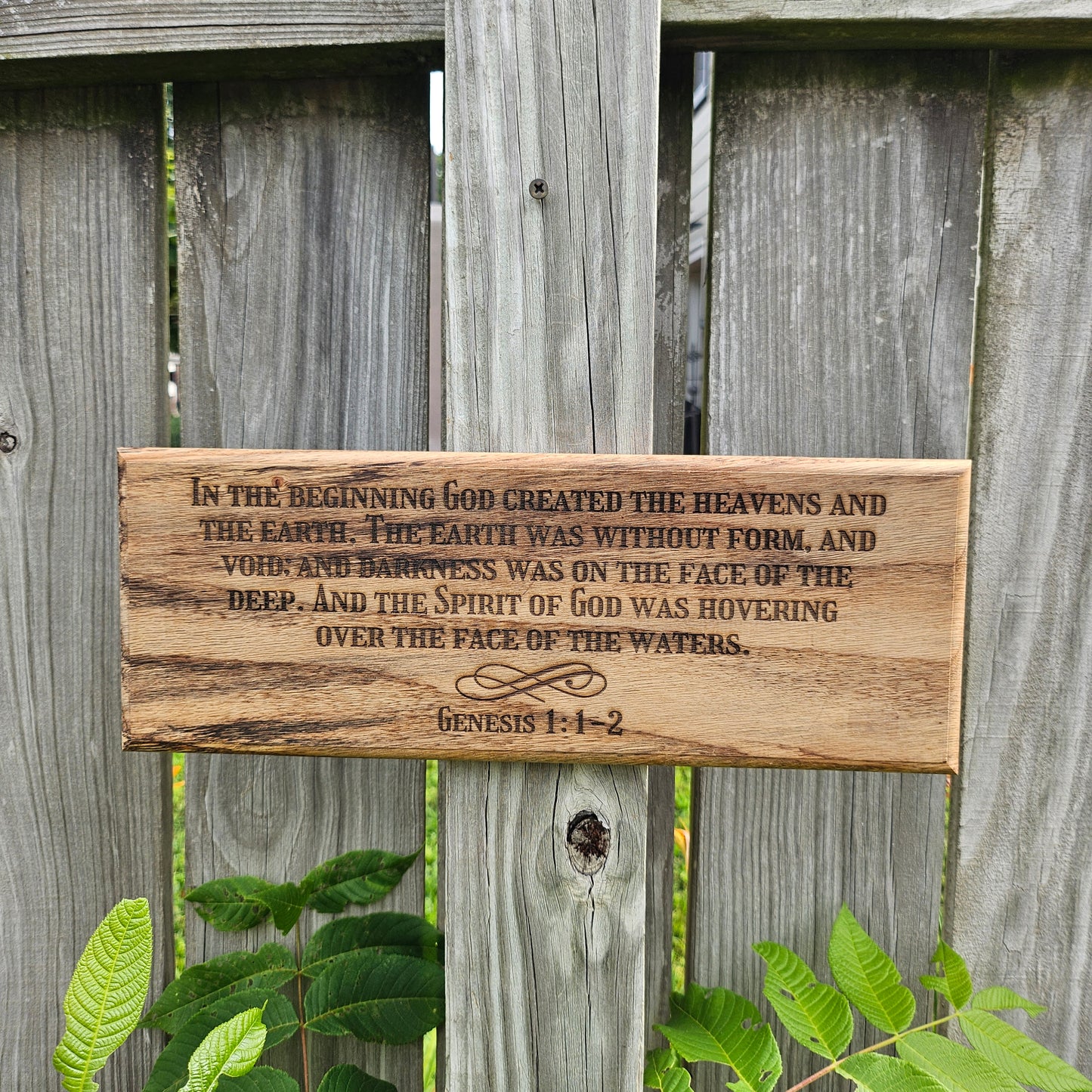 14 inch wood Slice of Scripture reclaimed pallet wood Bible verse wall art displaying Genesis 1:1-2 - Christian decorative art home decor