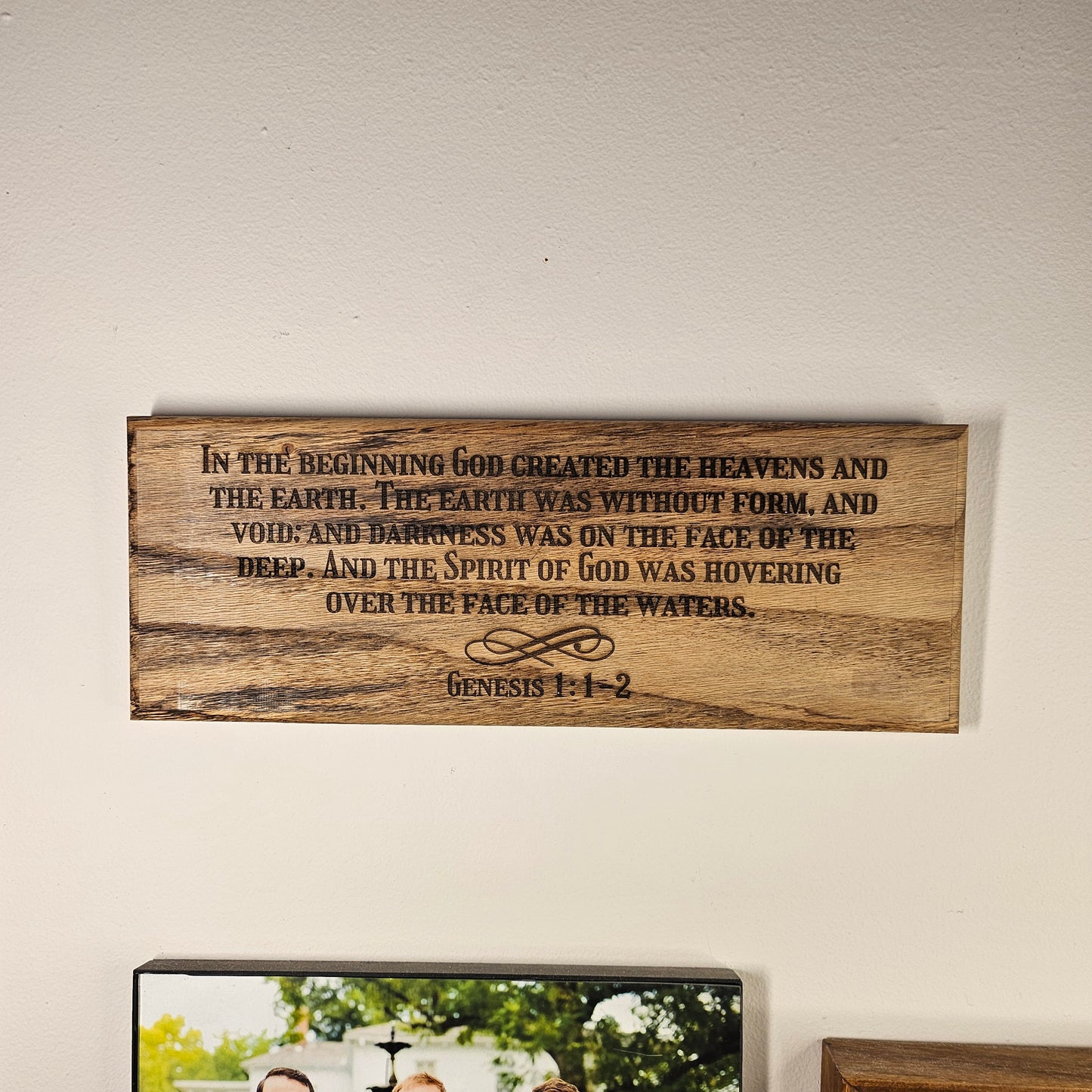 14 inch wood Slice of Scripture reclaimed pallet wood Bible verse wall art displaying Genesis 1:1-2 - Christian decorative art home decor