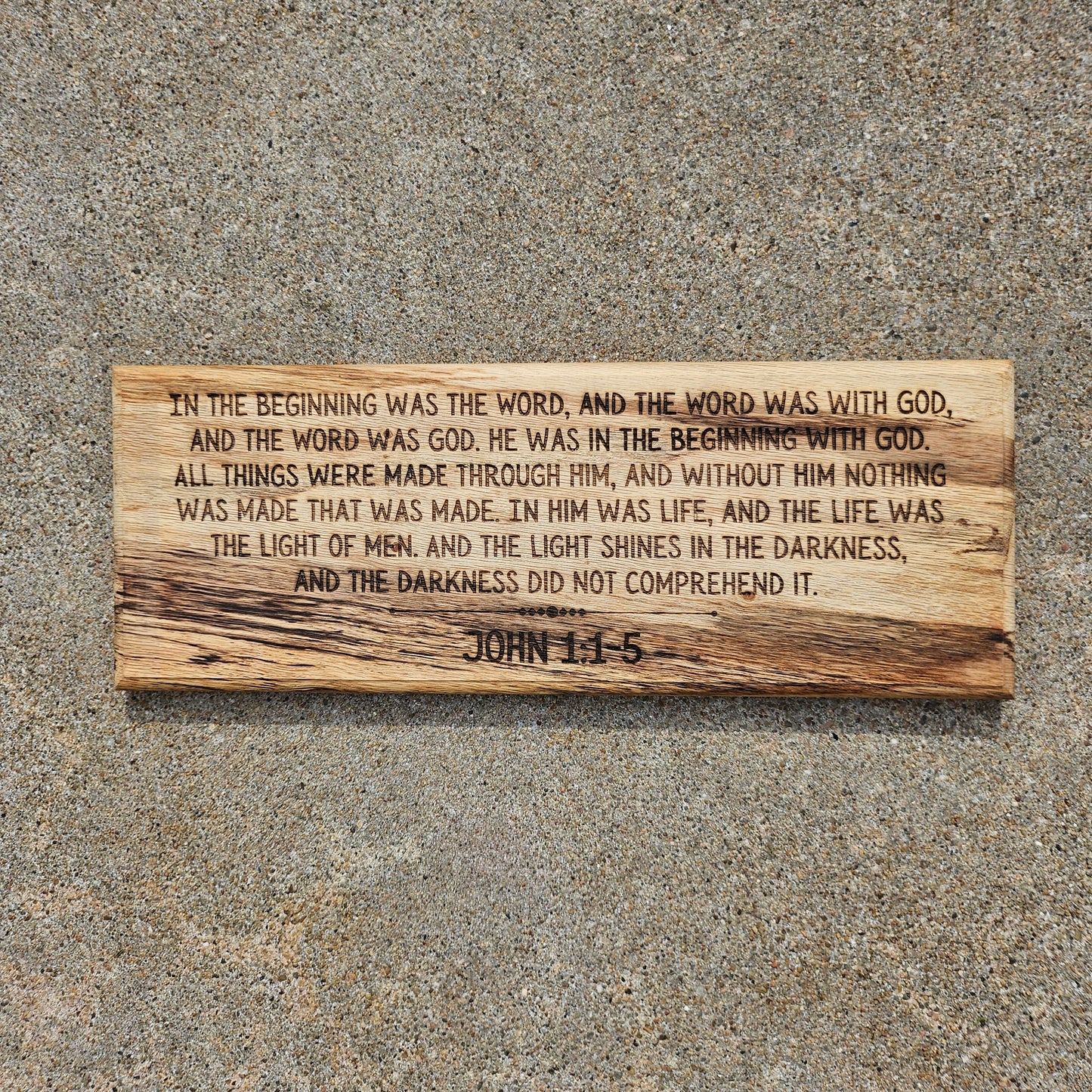 14 inch wood Slice of Scripture reclaimed pallet wood Bible verse wall art displaying John 1:1-5- Christian decorative art home decor