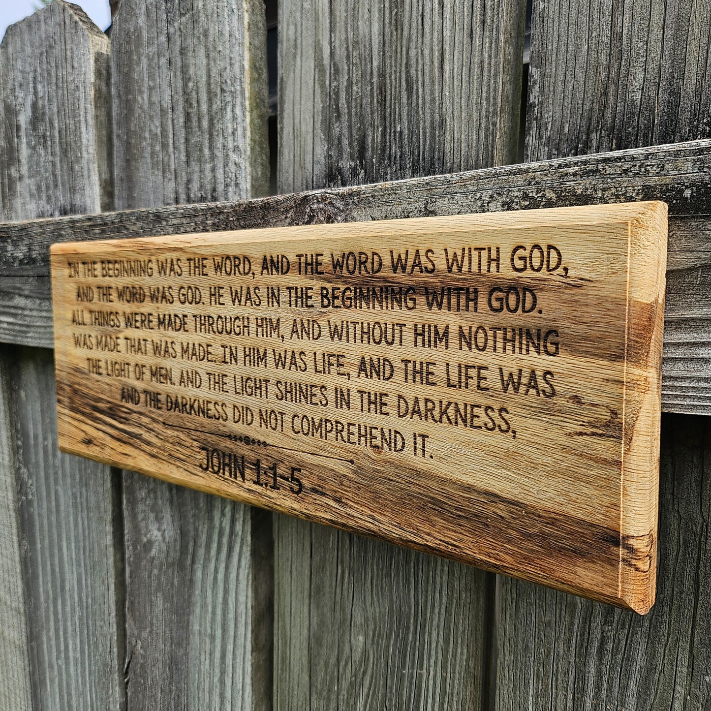 14 inch wood Slice of Scripture reclaimed pallet wood Bible verse wall art displaying John 1:1-5 - Christian decorative art home decor