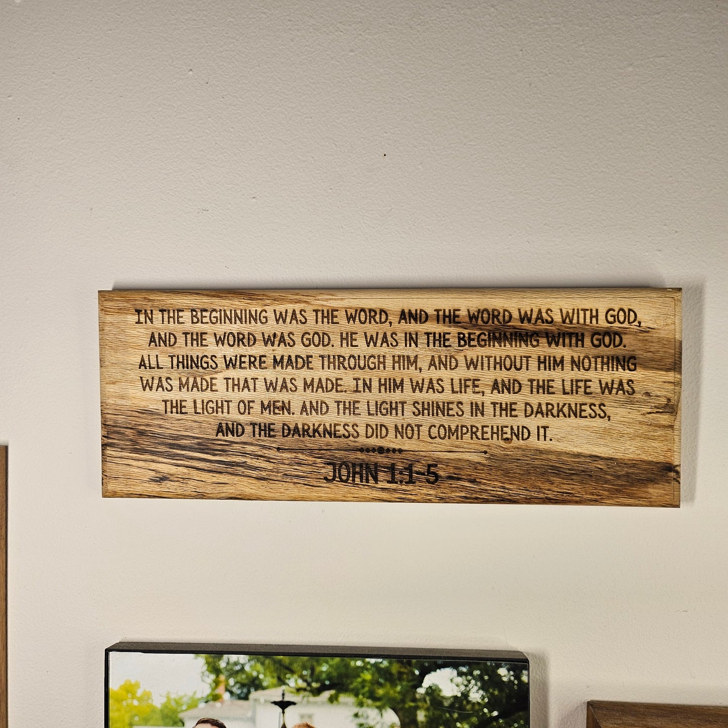 14 inch wood Slice of Scripture reclaimed pallet wood Bible verse wall art displaying John 1:1-5 - Christian decorative art home decor